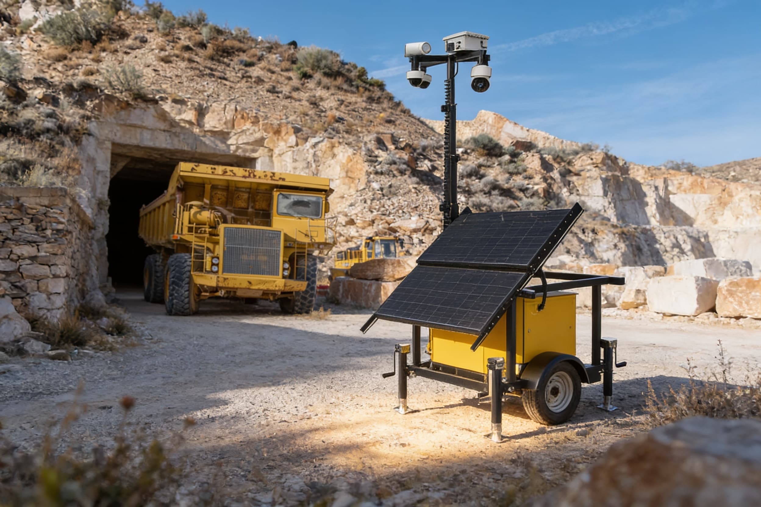 A mobile surveillance trailer at the quarry entrance in the dust haze