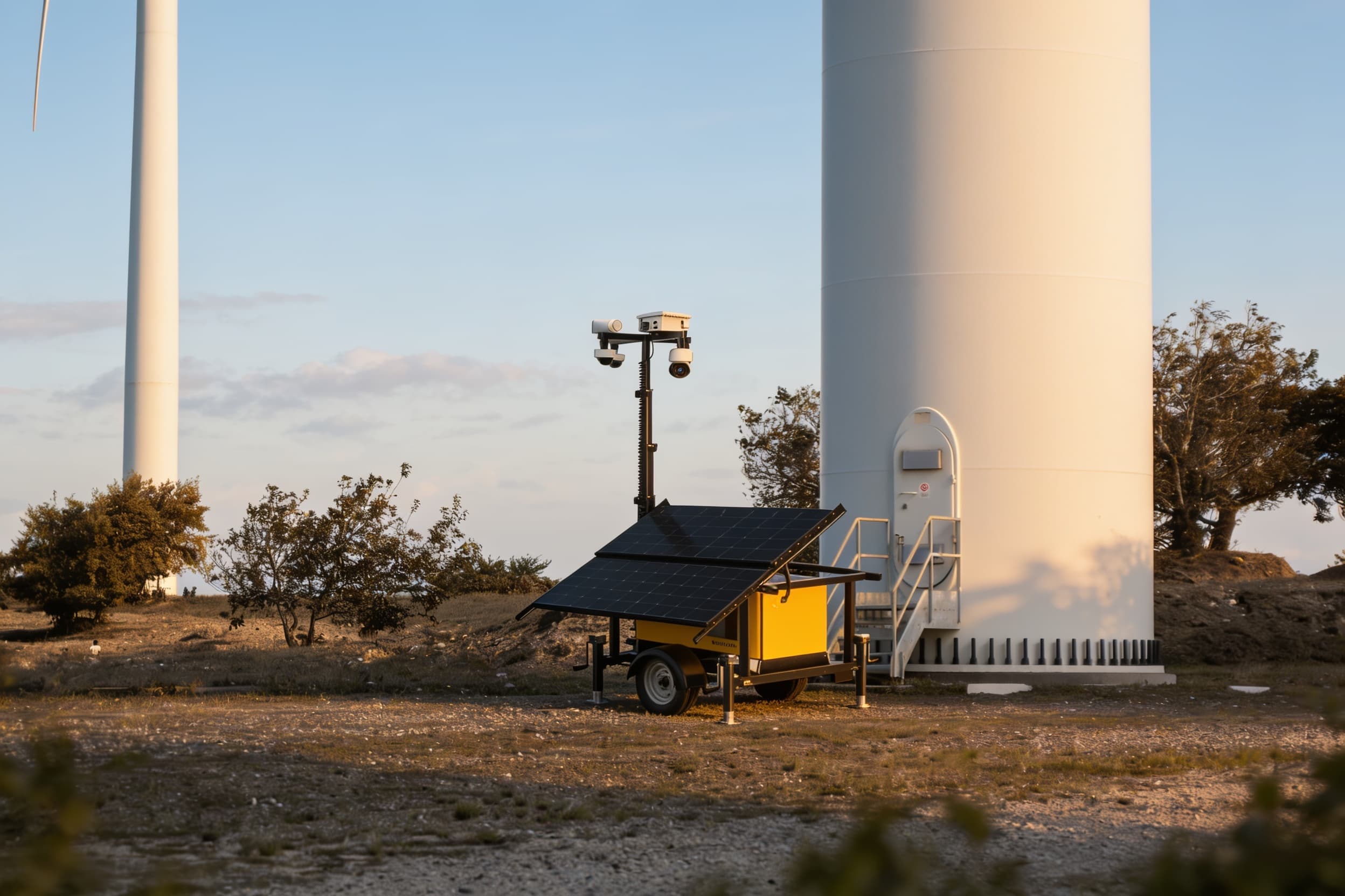 A solar-powered mobile security trailer deployed at a wind farm site