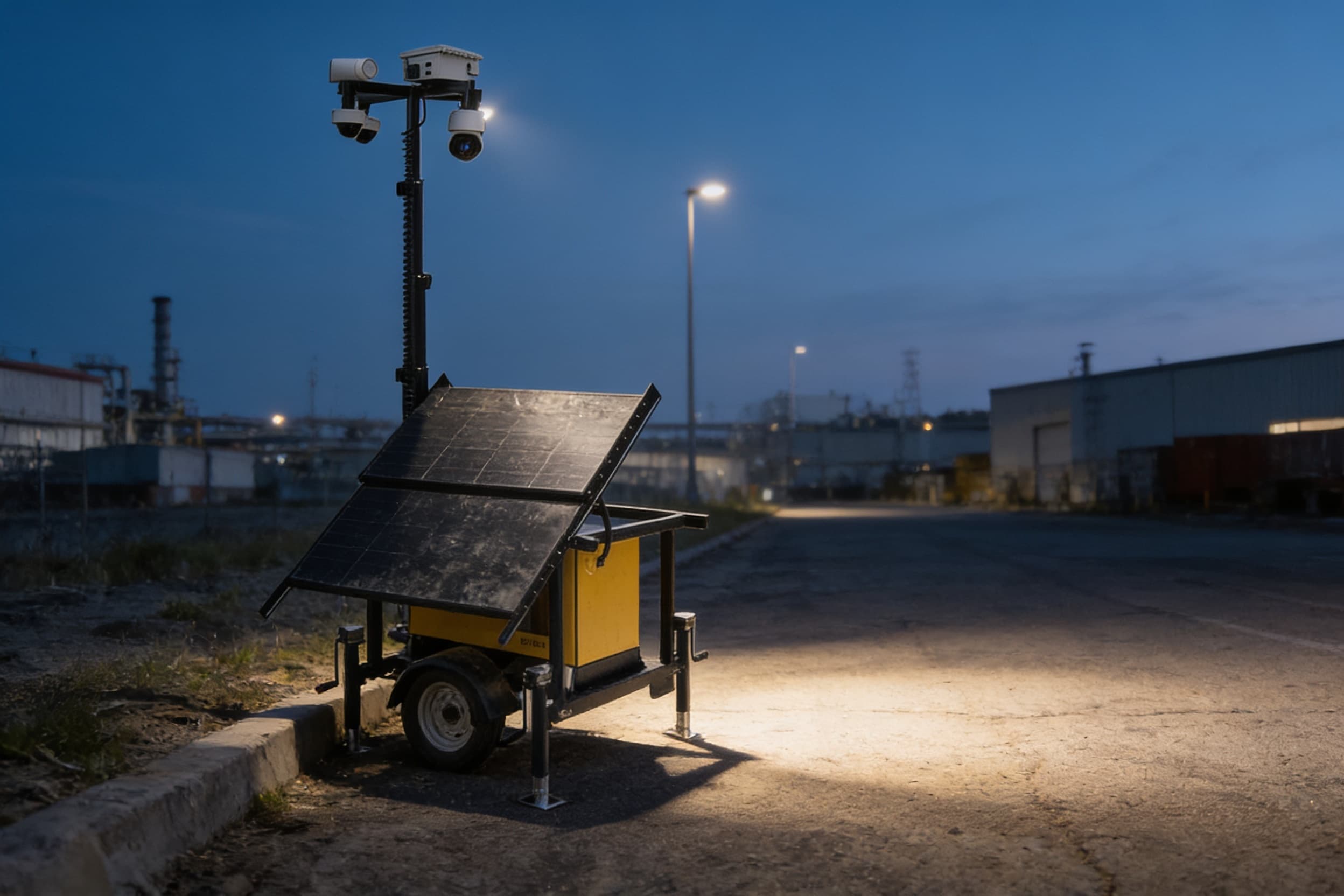 A solar mobile surveillance unit at the edge of an industrial park at blue hour