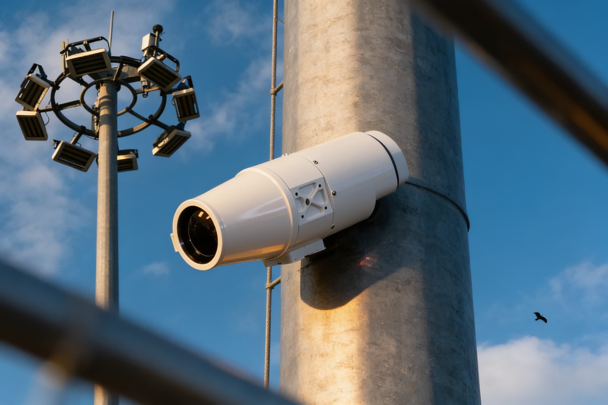 A security camera mounted on the mast against the sky