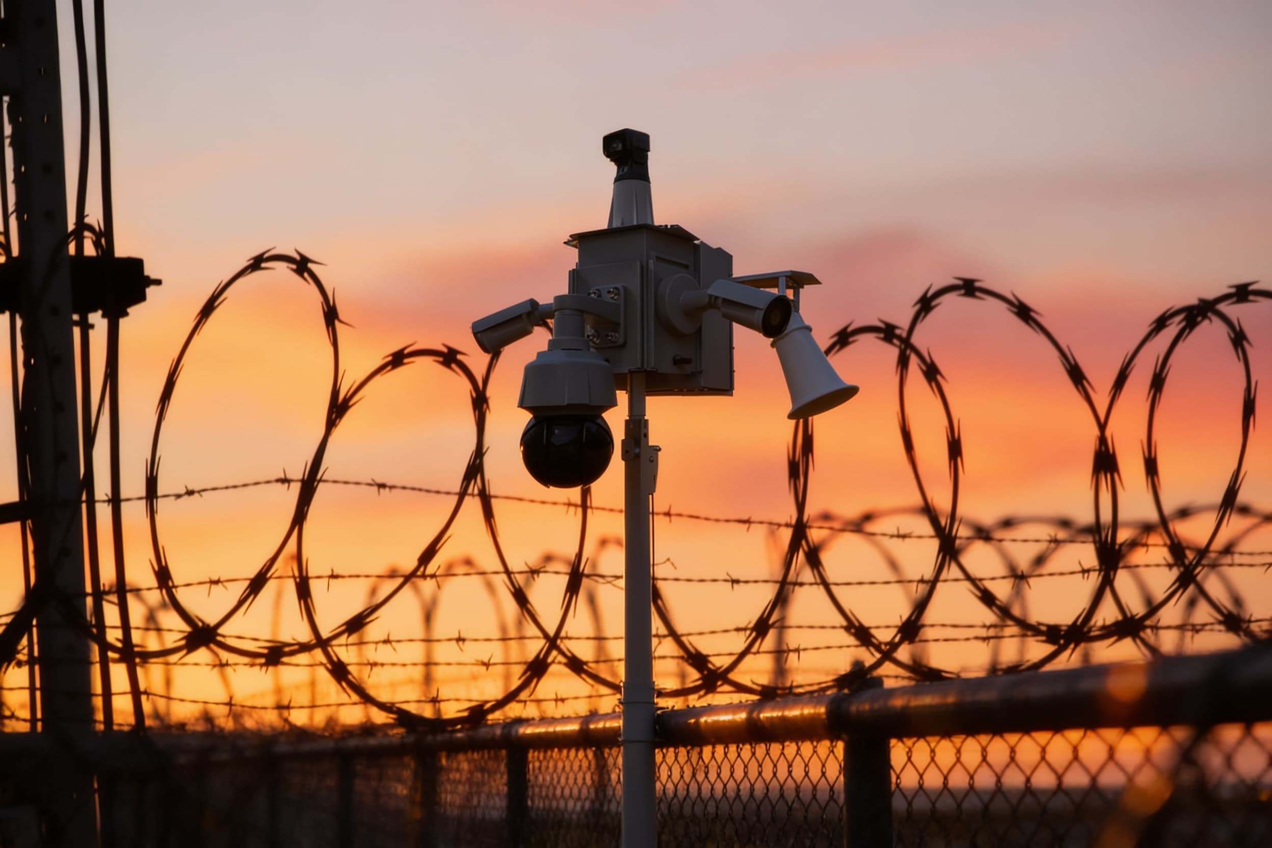 A thermal camera head along a perimeter fence line at dusk