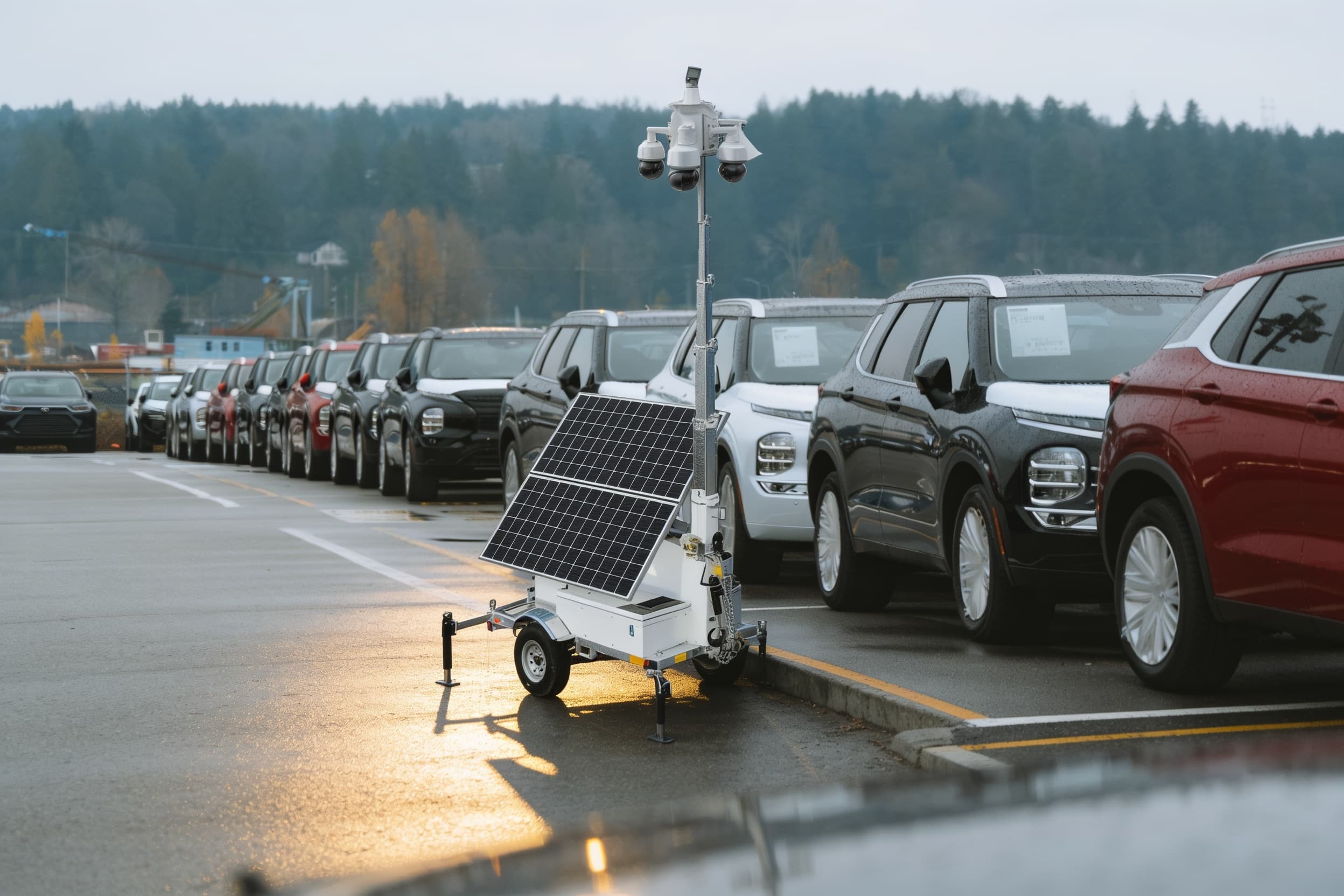 A towable solar security trailer with its mast raised at a lot corner