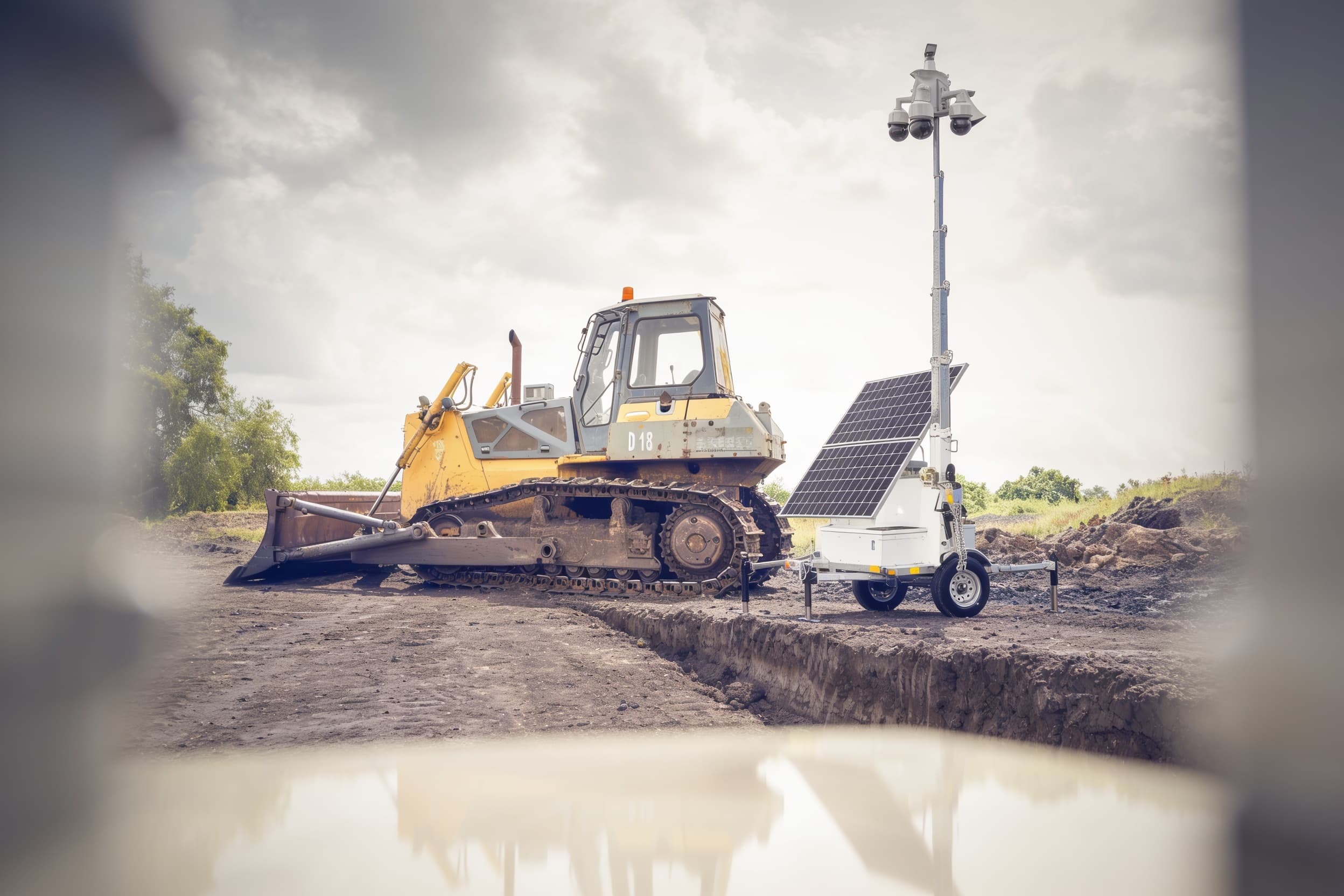 A mobile surveillance trailer standing at the site edge on packed dirt