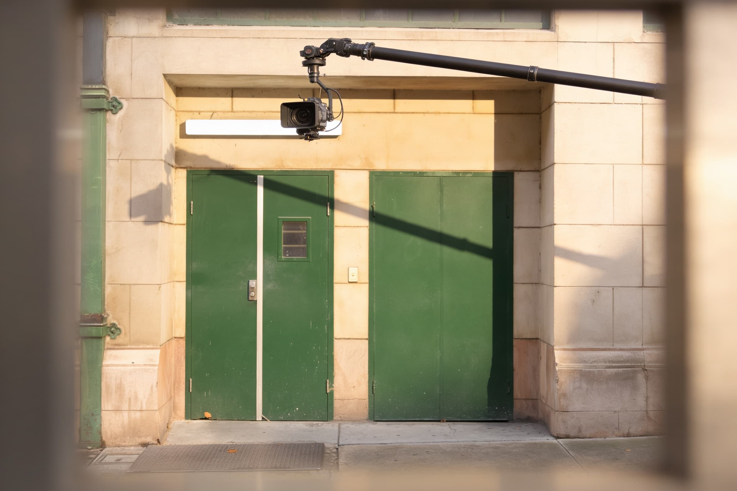 Extended security-camera mount overlooking a service alley