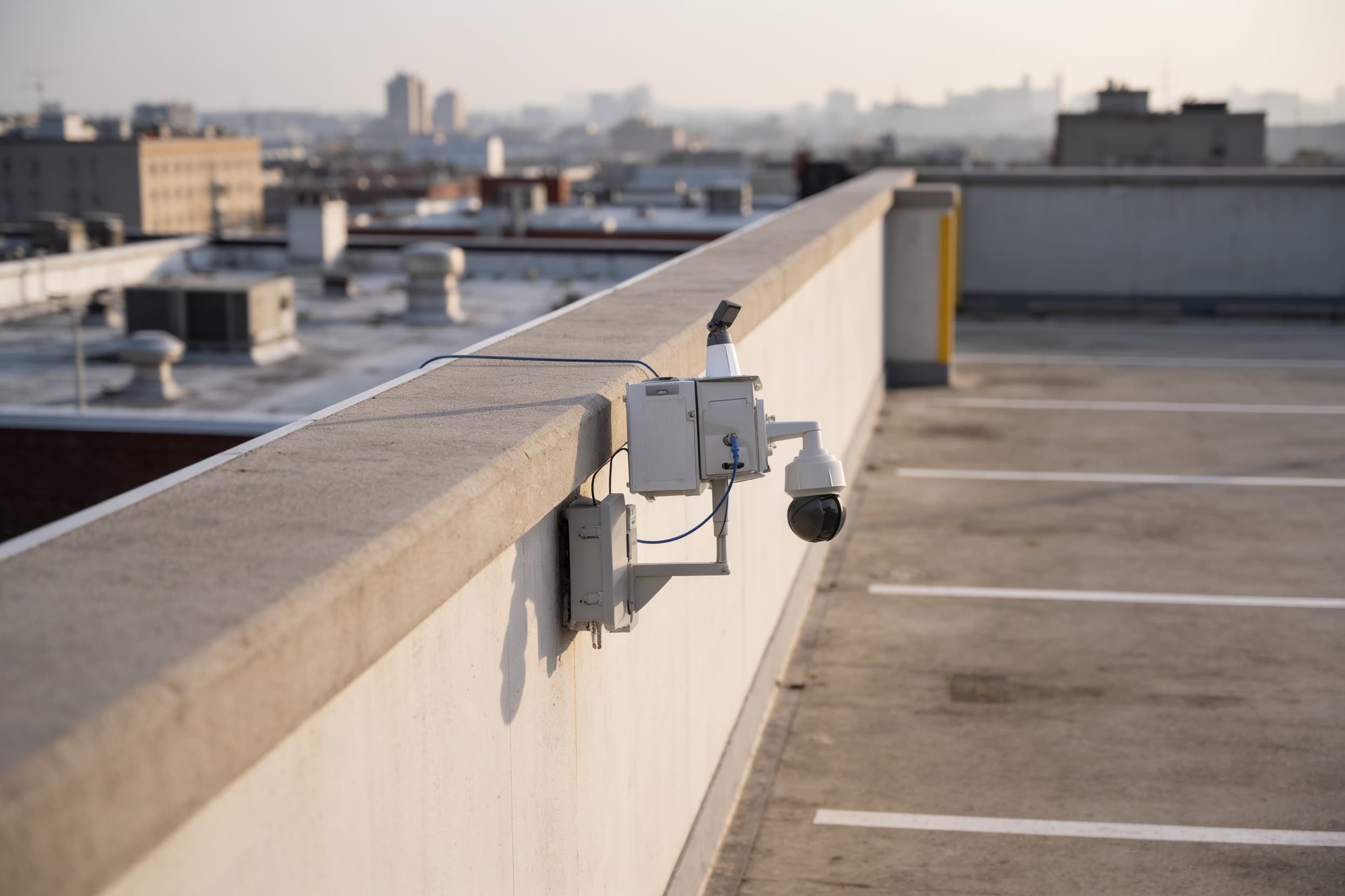 Building-mount camera at a garage top-deck edge