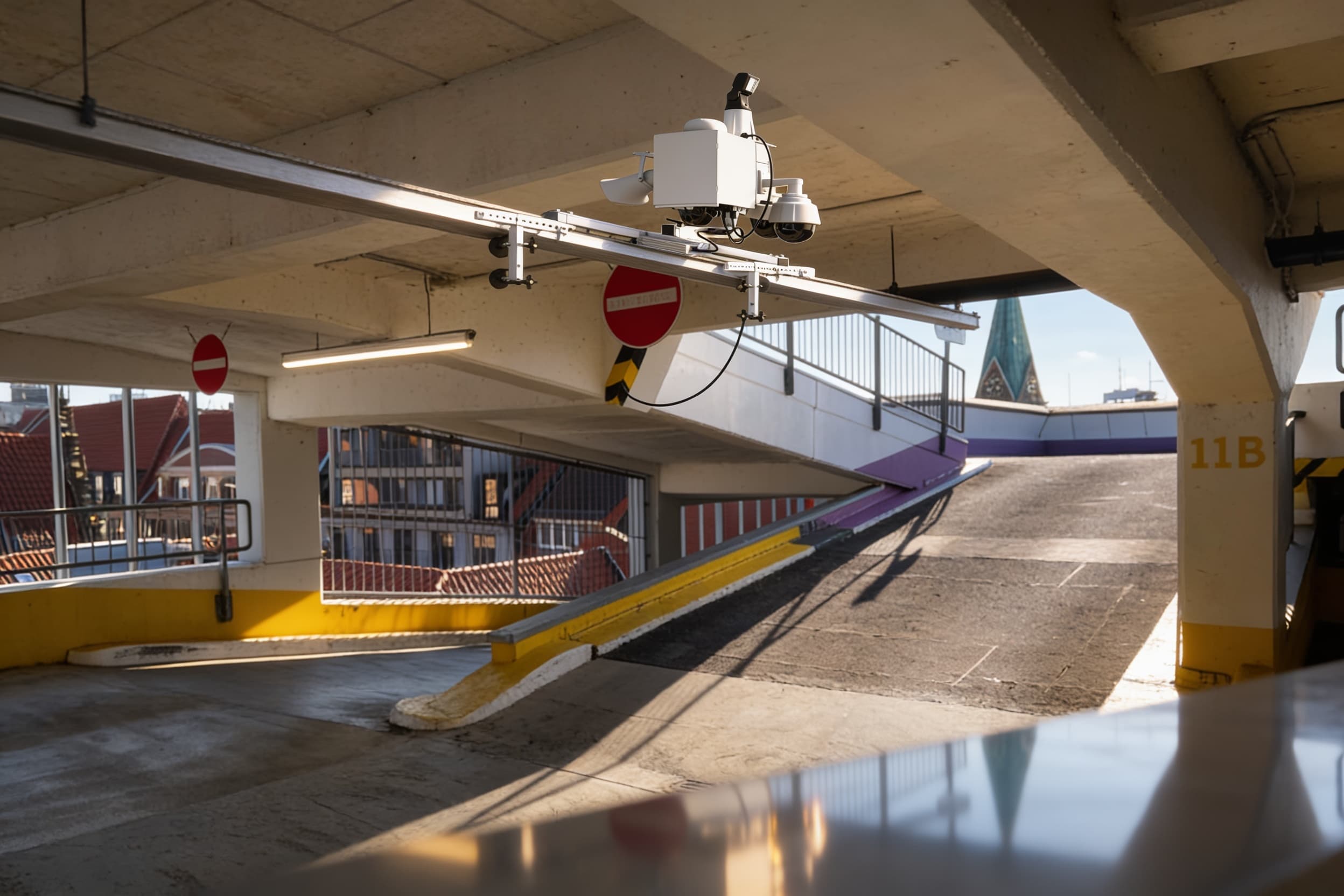 Camera on a parking-structure top rail at sunset