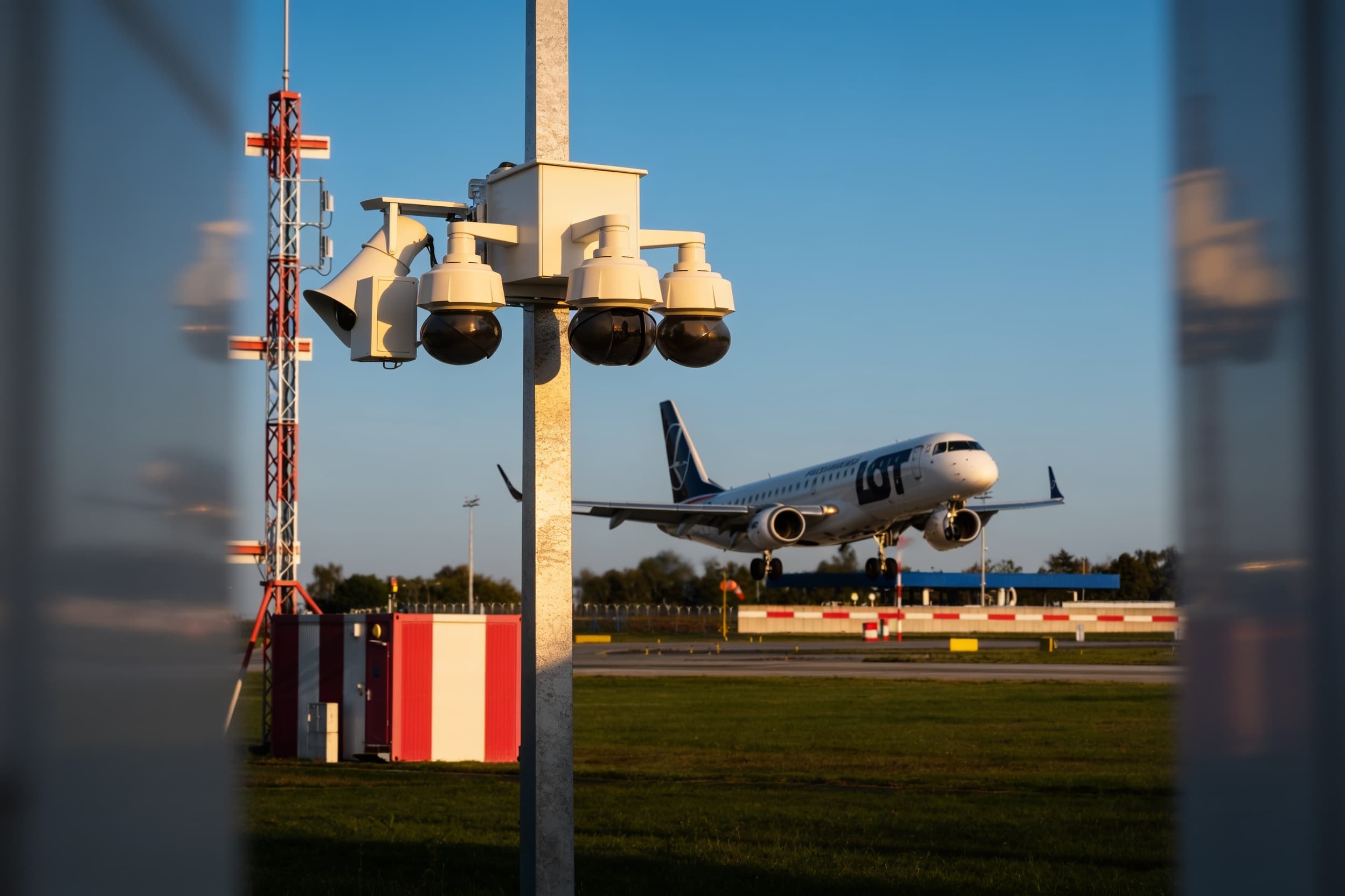 Pole-mounted camera unit near an airport runway