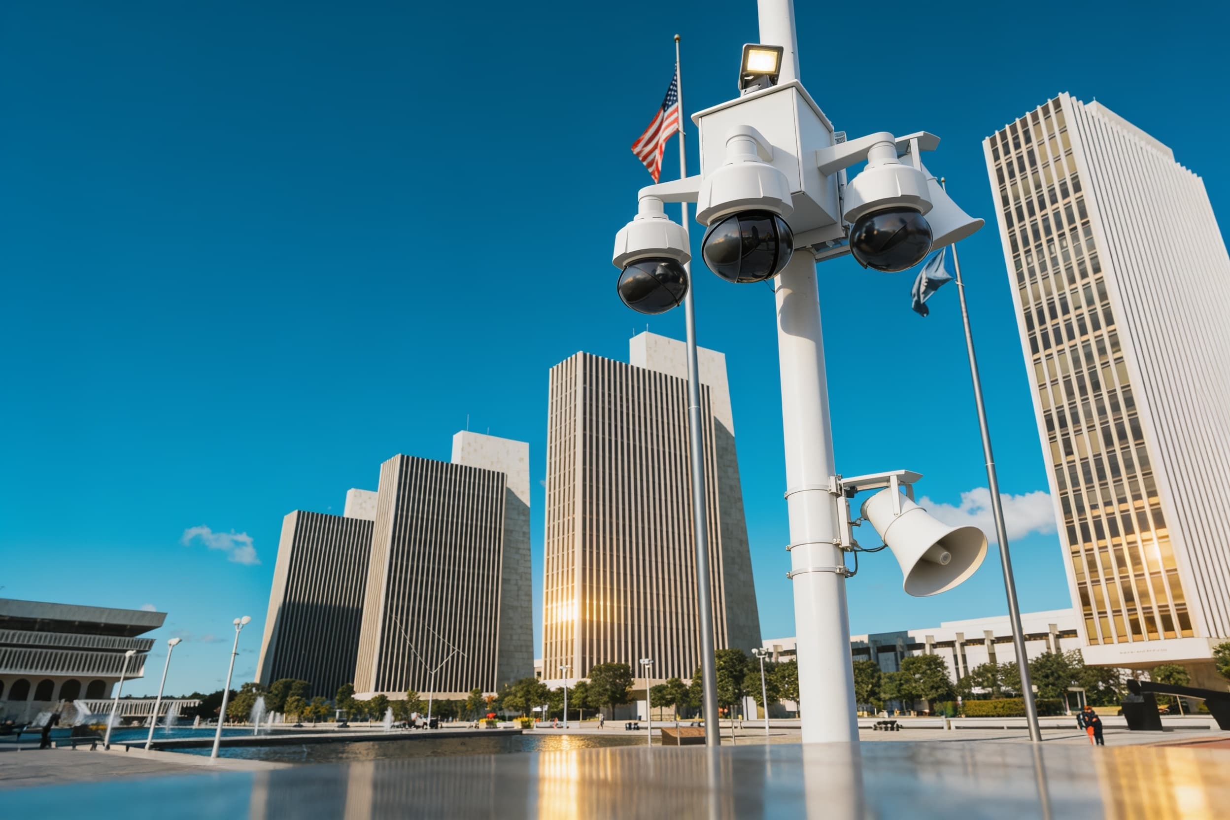 A pole-mounted security camera unit overlooking a government building plaza
