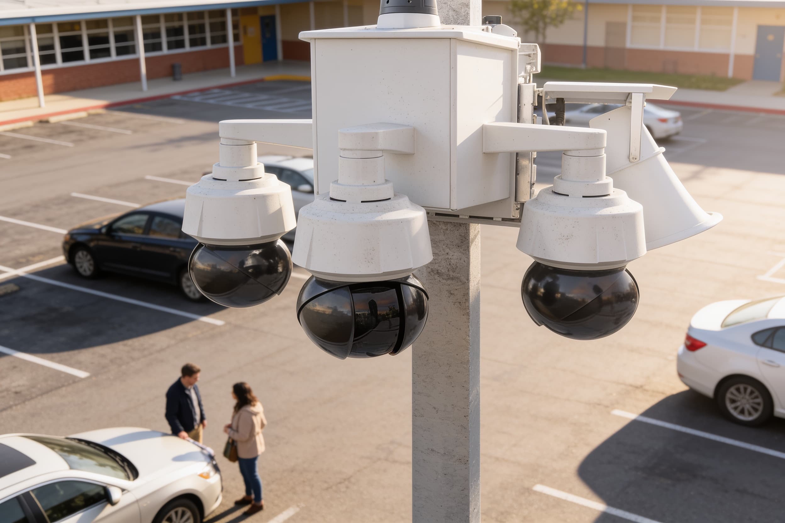 Pole-mounted security camera overlooking a school parking lot
