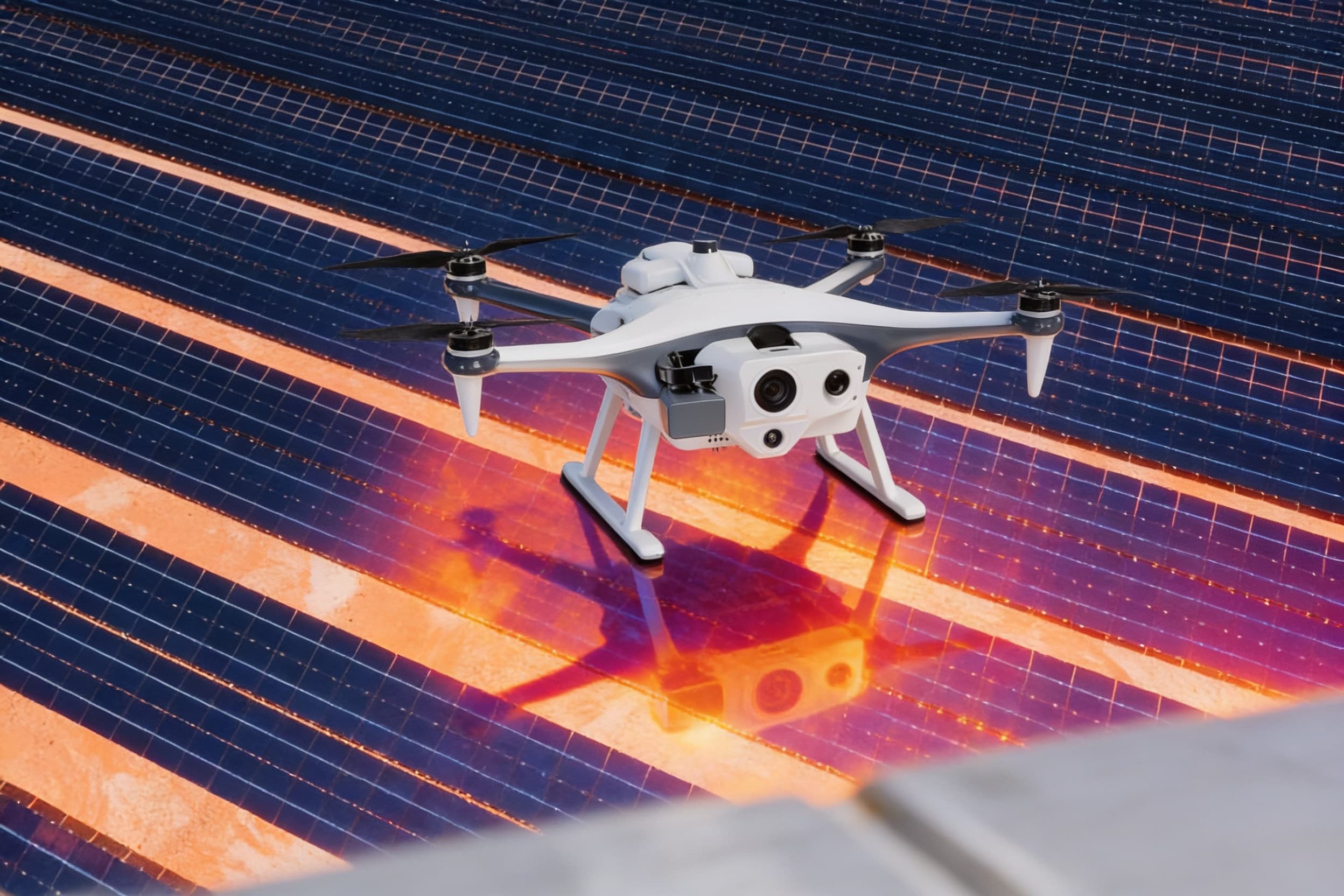 An inspection drone flying low over solar panel rows on a scan pass