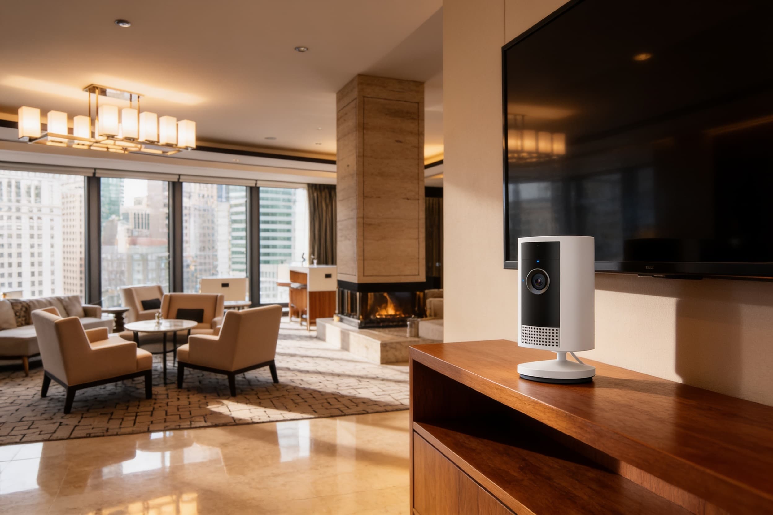 A security camera on a console shelf watching the lobby seating