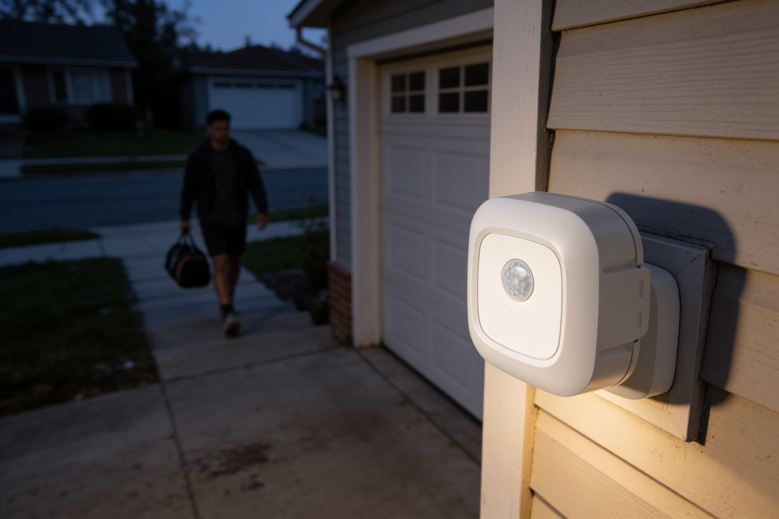 Camera on a garage exterior wall at dusk