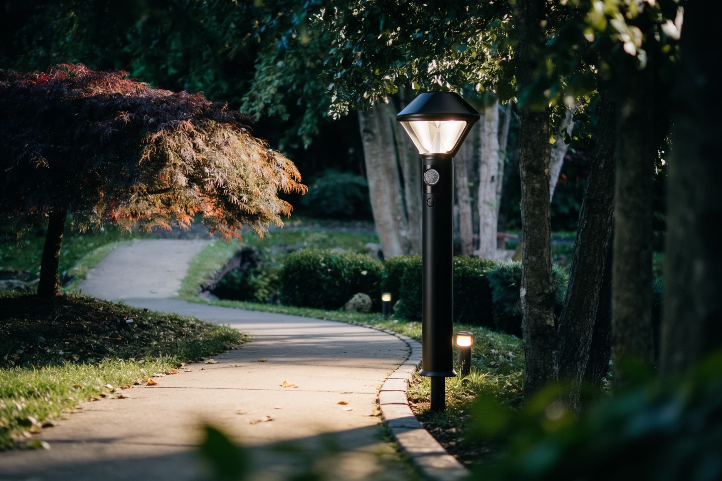 A solar pathlight staked along the path edge