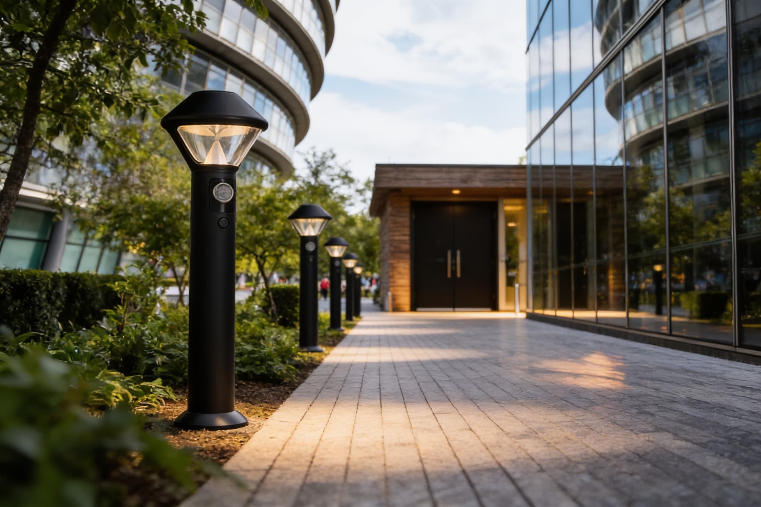 A solar pathlight lining the walkway to the entrance
