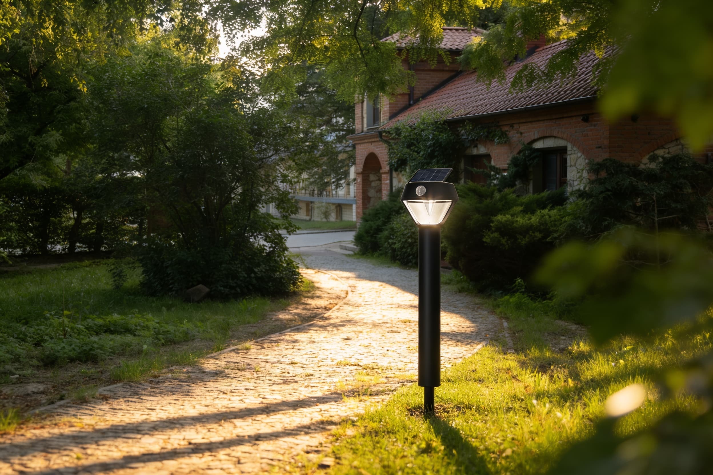 Solar path light beside a front walk