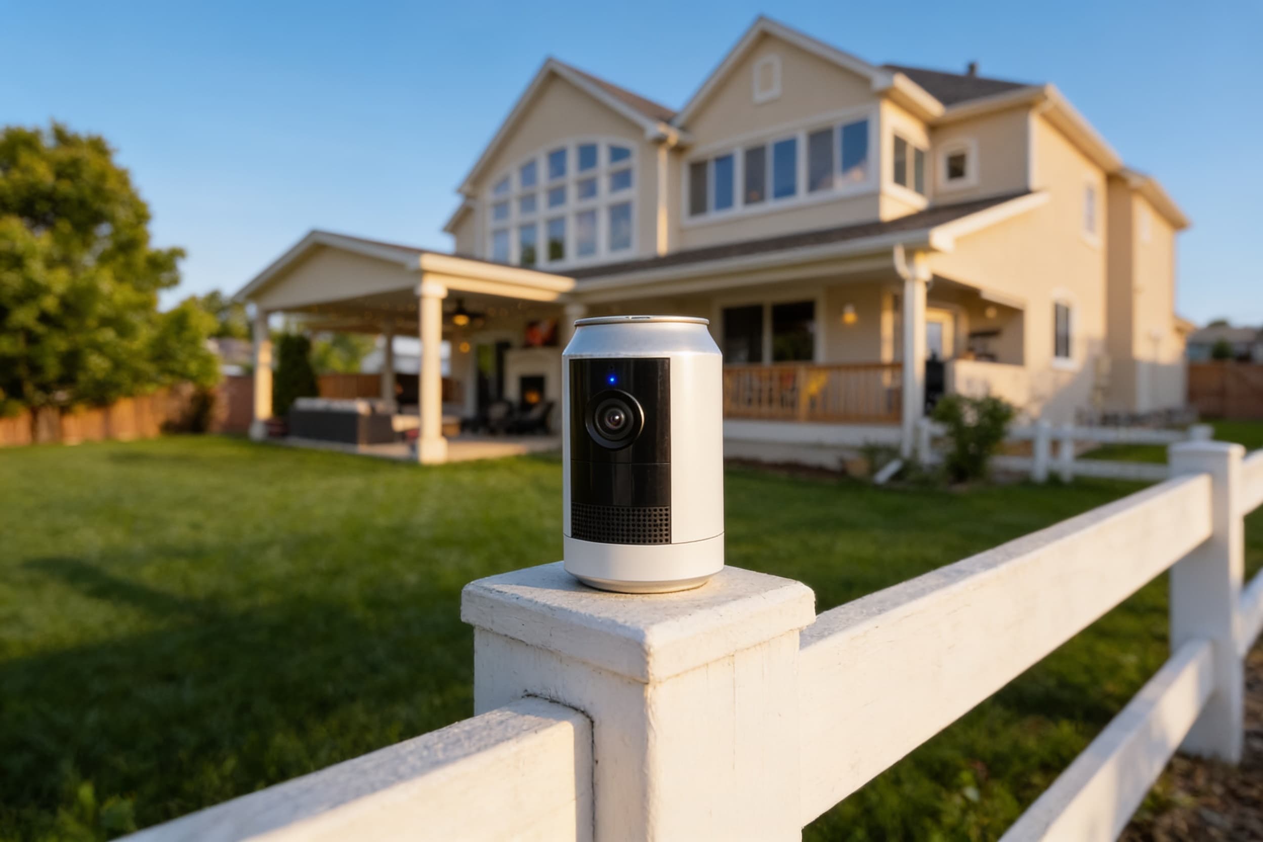 A security camera mounted on a fence post overlooking the grounds