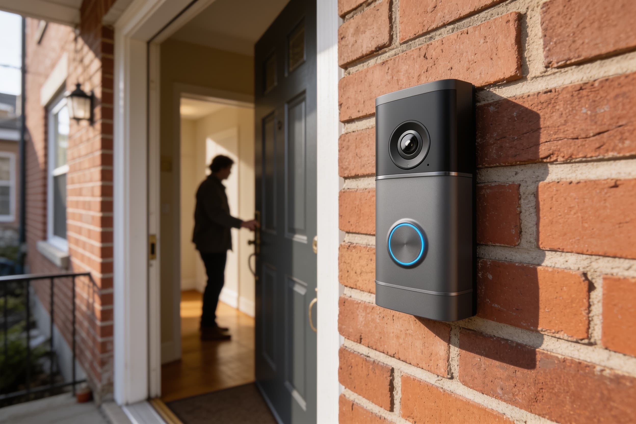Video doorbell on a townhouse entry