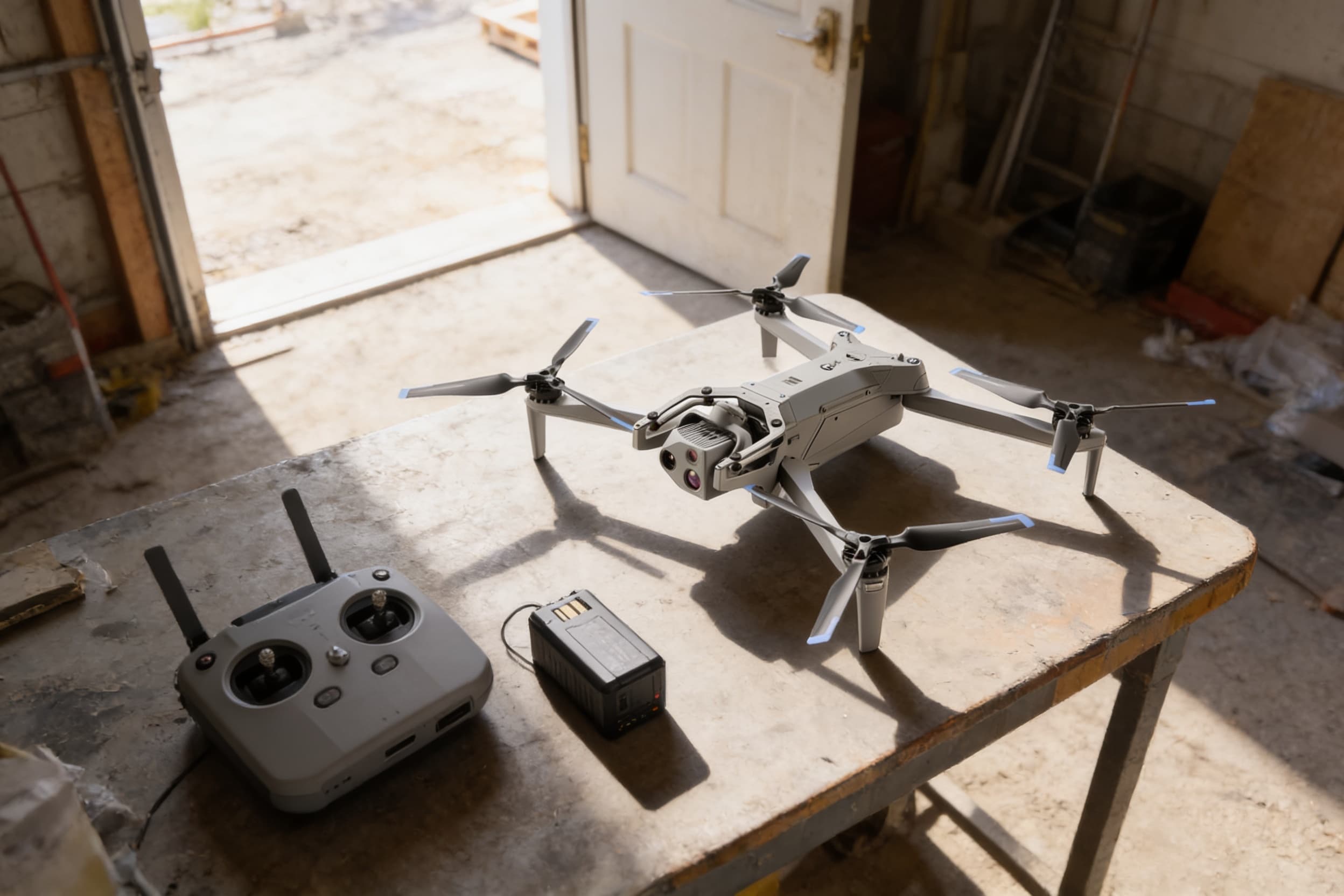 Inspection drone on a job-site table with its controller