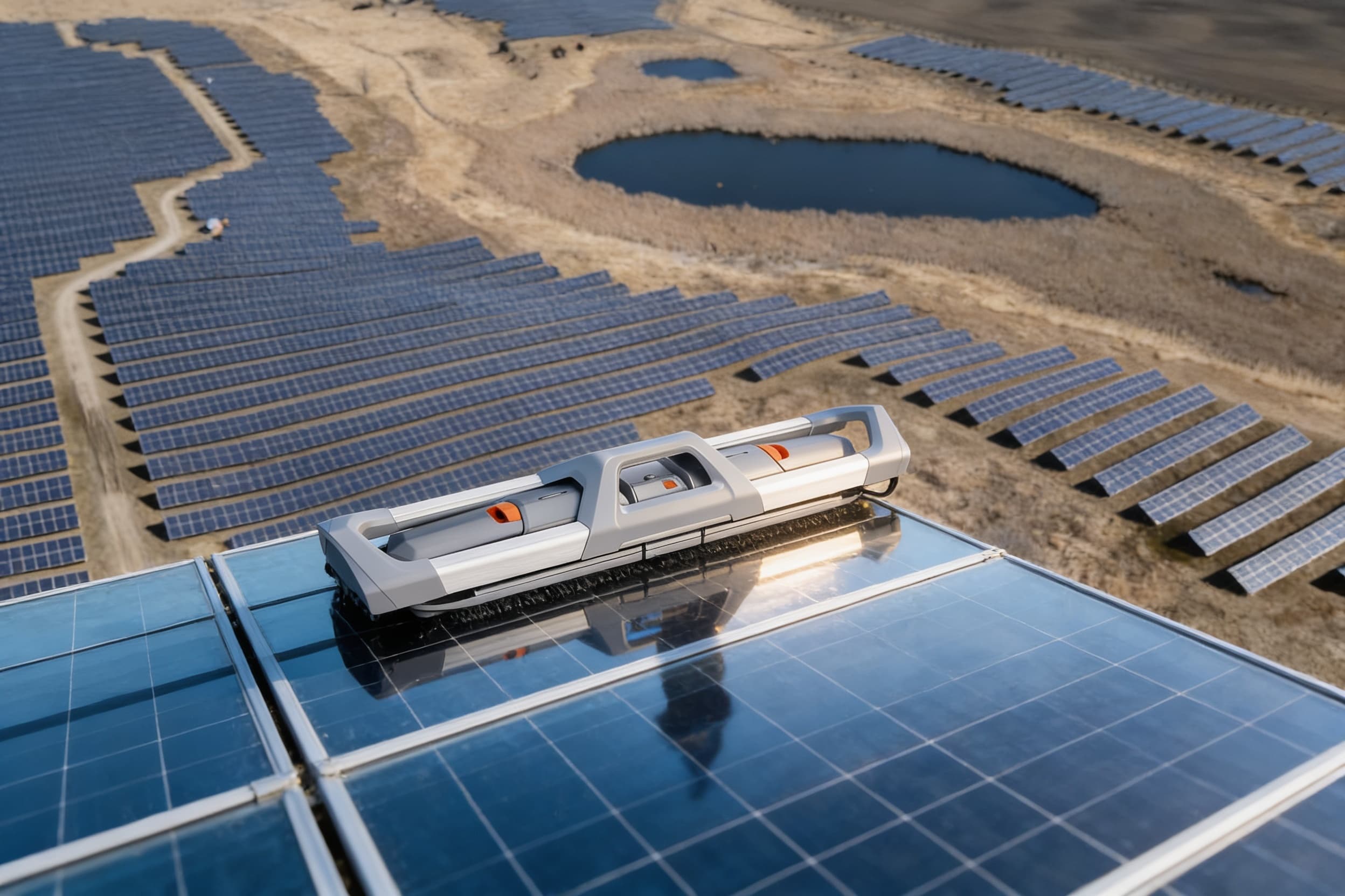 An autonomous solar-panel cleaning robot working the panel rows of a solar farm