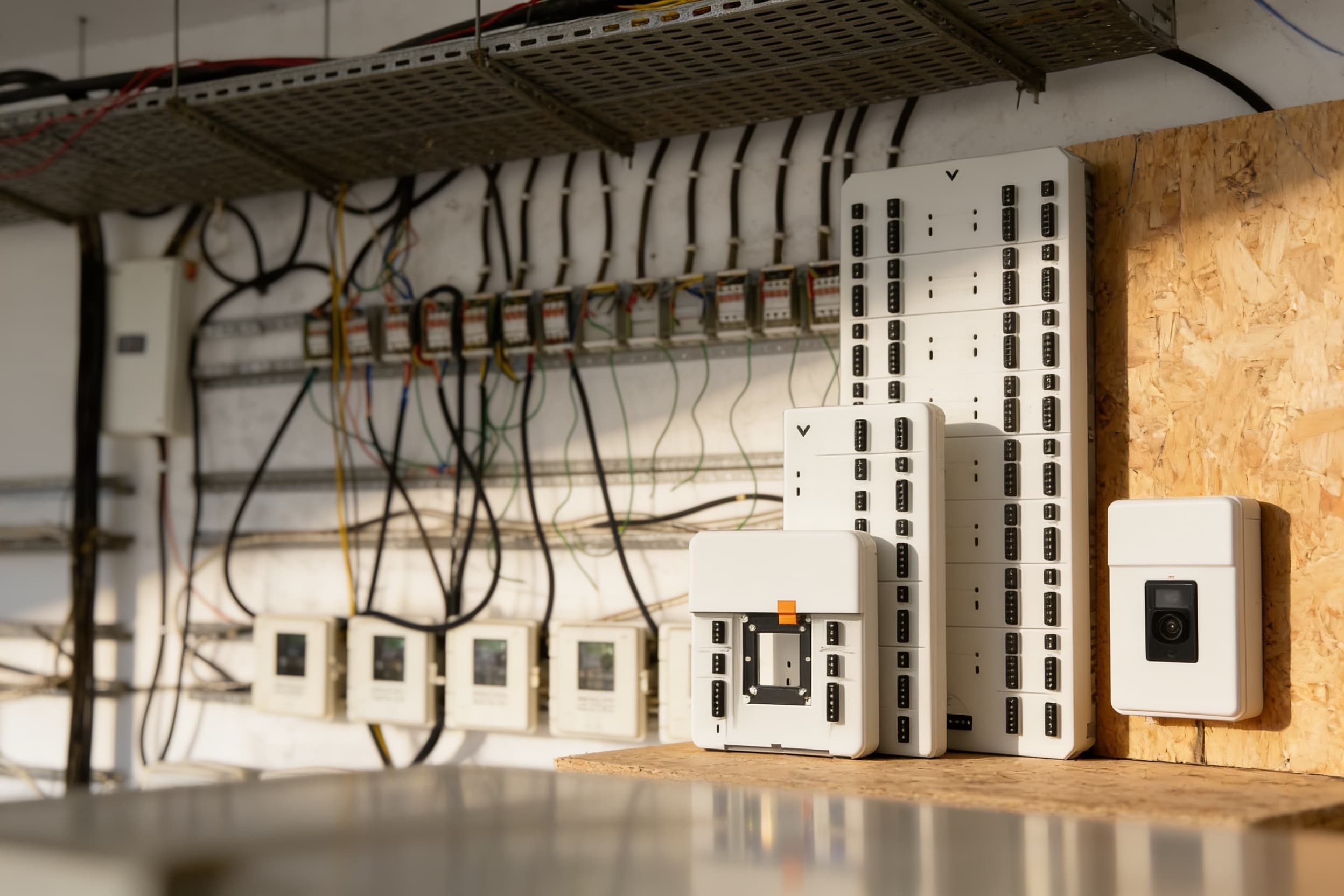A wall-mounted security device on painted plywood beside the breaker panels