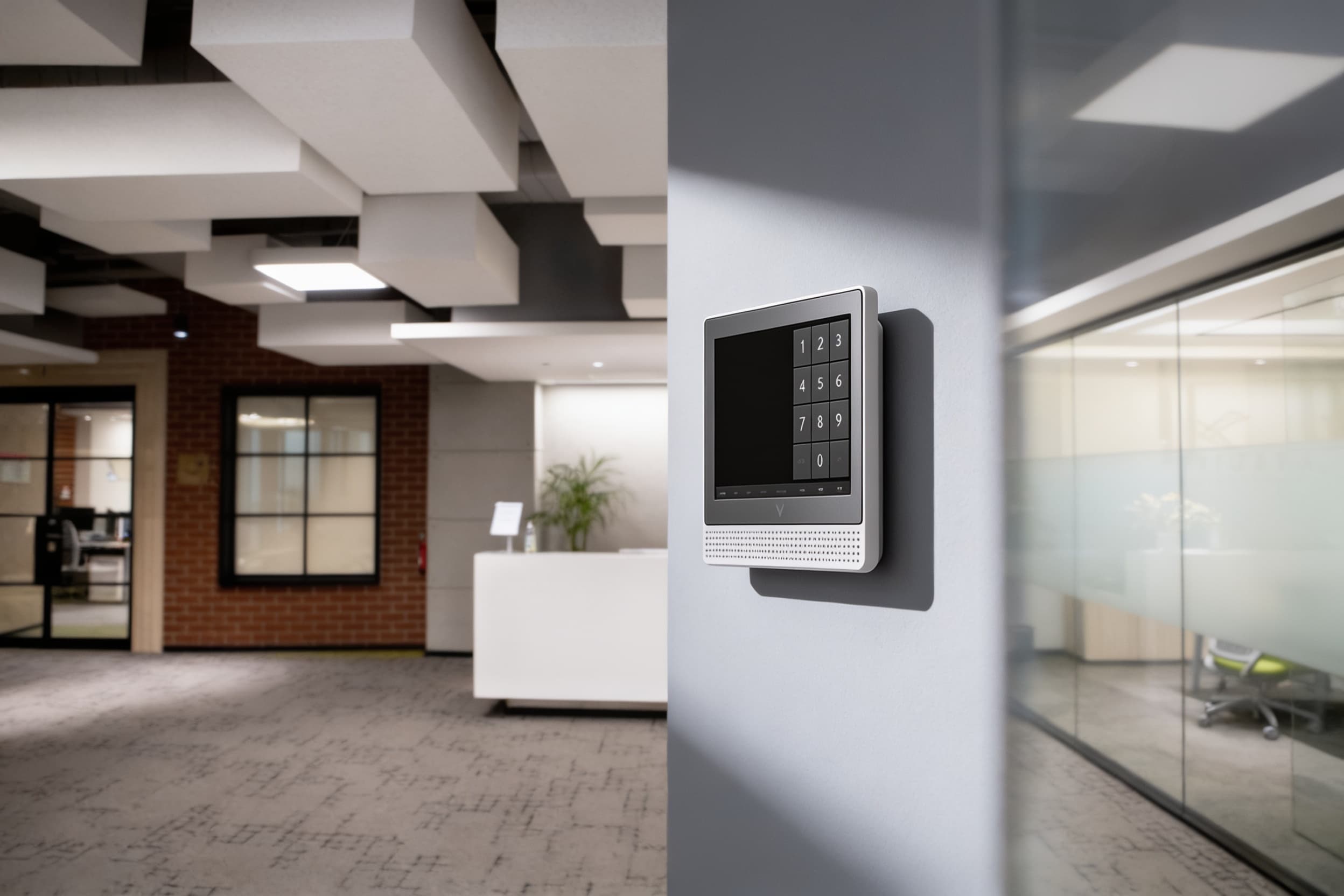 Touchscreen alarm keypad at office reception