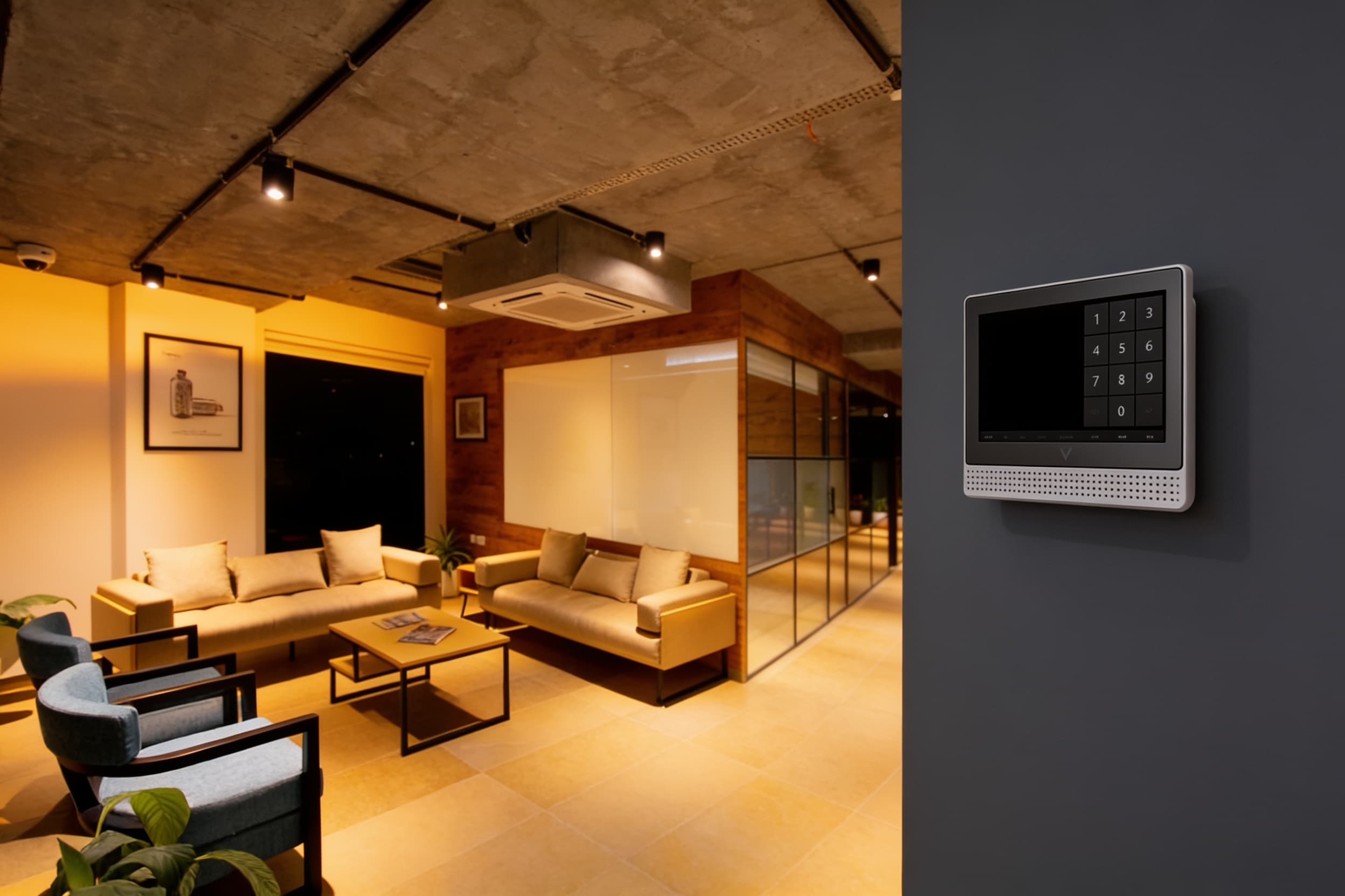 A security camera wall-mounted near the desk at eye level