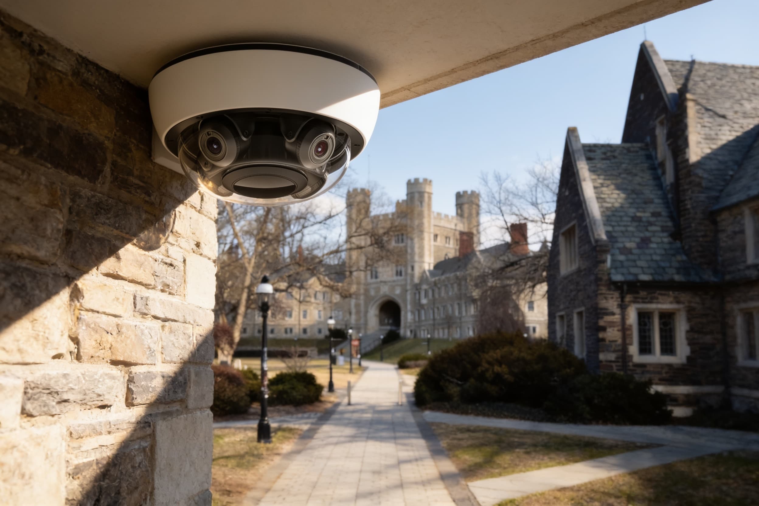 A security camera mounted at the building corner overlooking the walkway