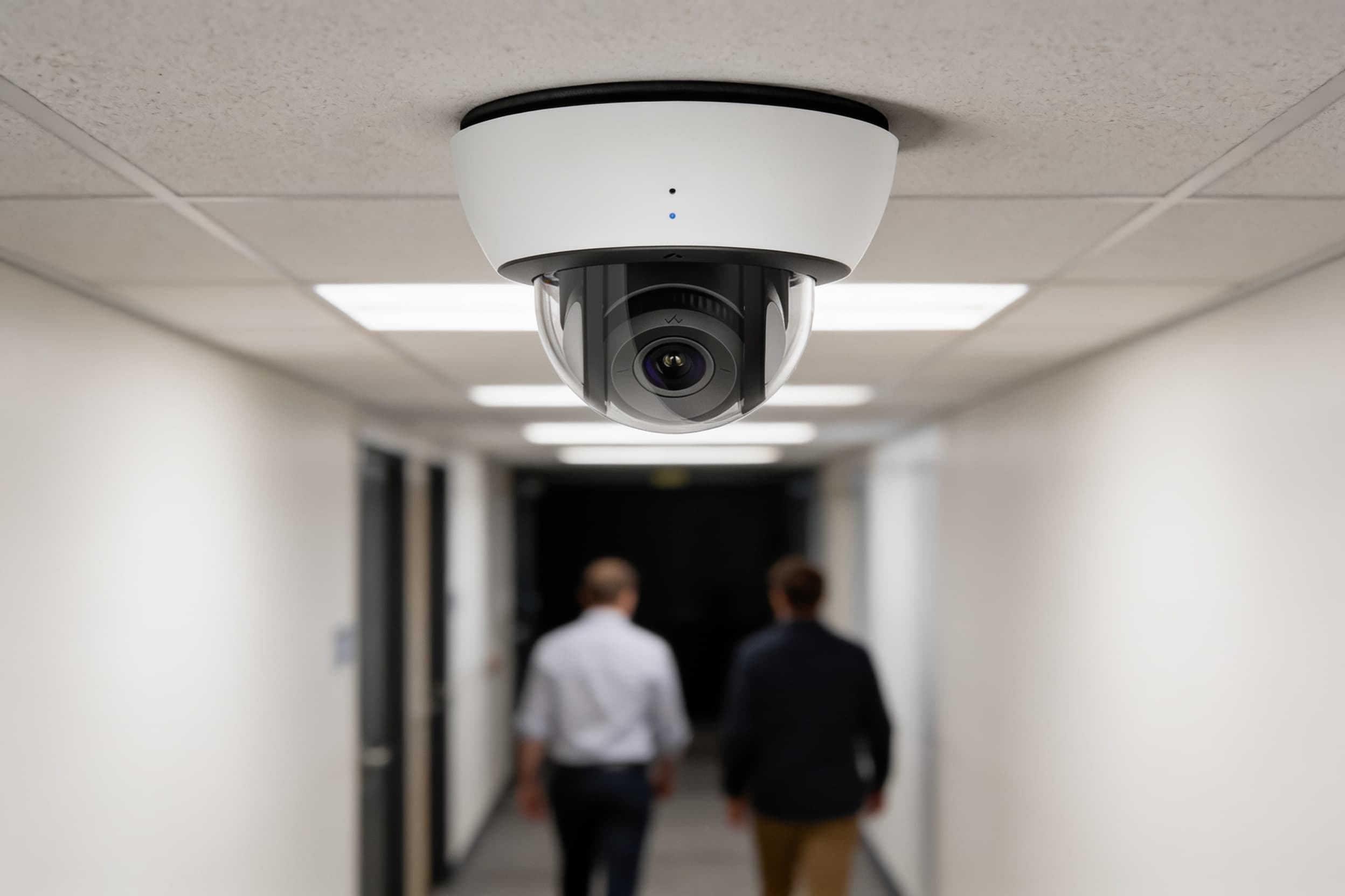 A ceiling dome camera watching a corridor