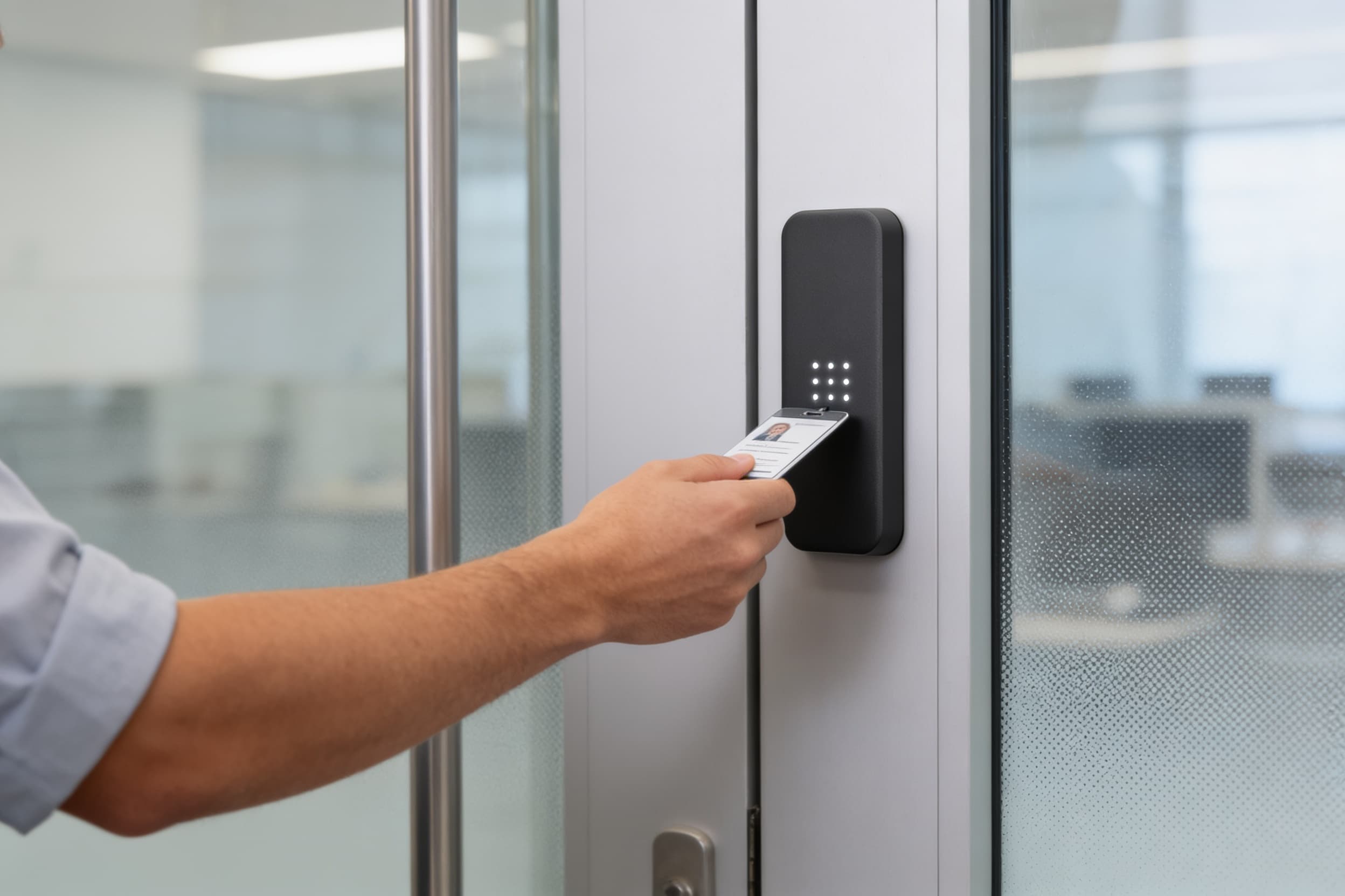 Employee badging through a glass office door