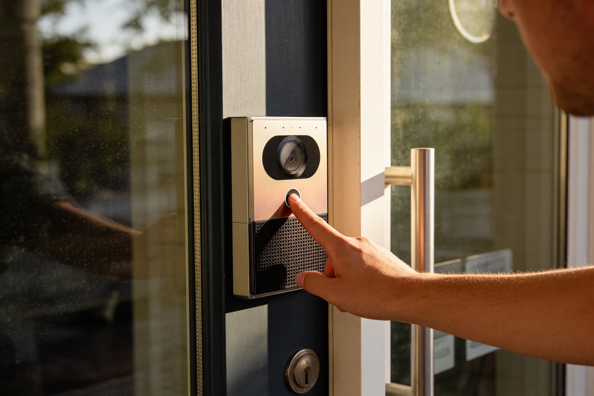 Visitor pressing a glass-entrance intercom