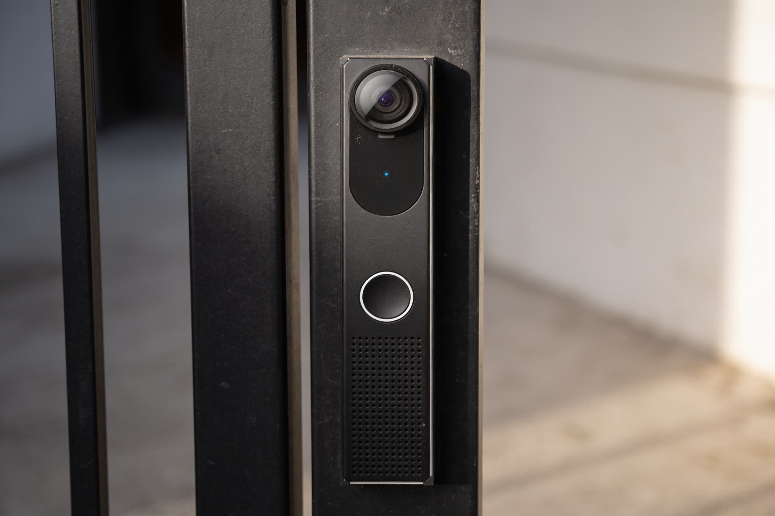 Intercom mounted beside a black steel entrance