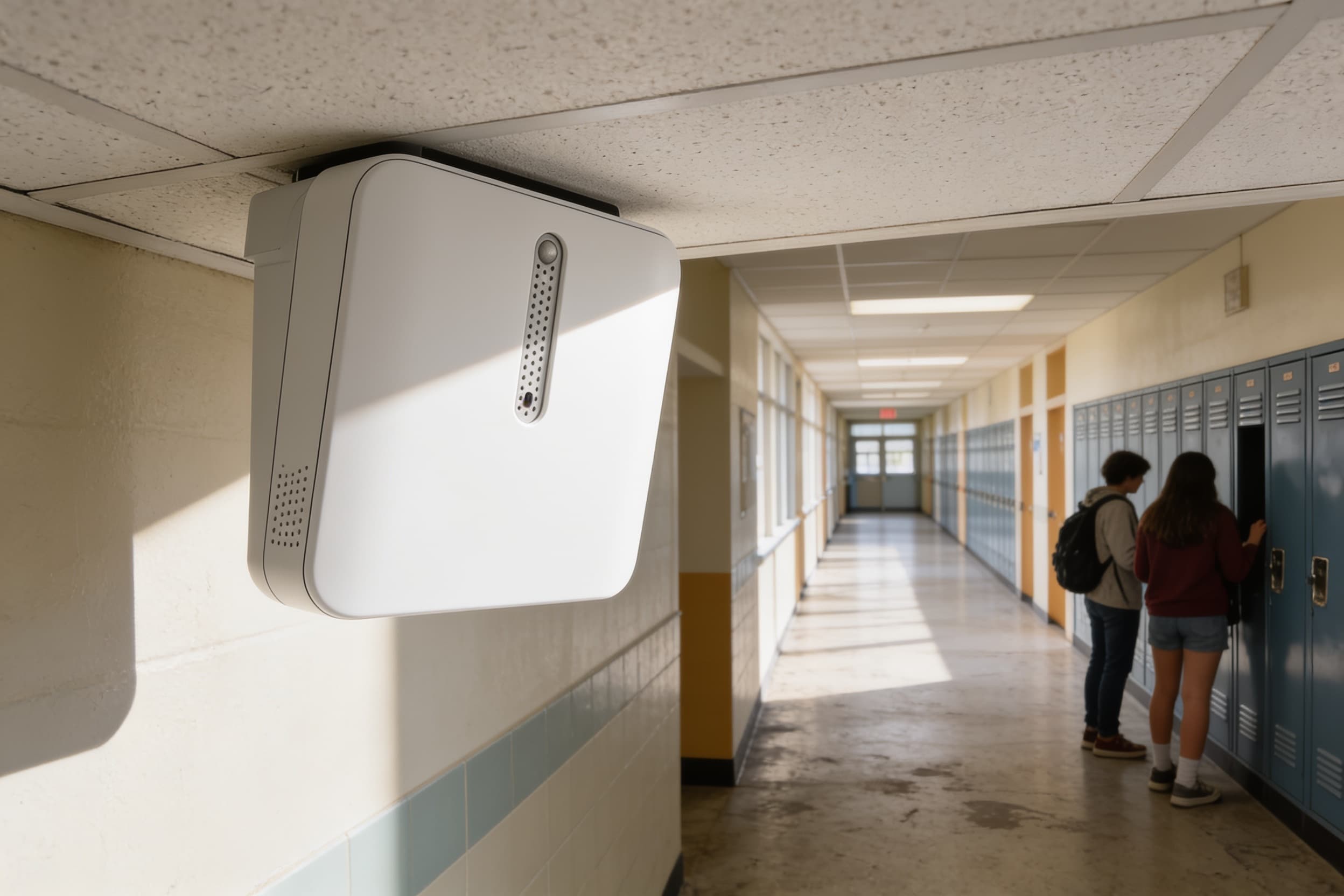 A ceiling-mounted environmental sensor in a school hallway