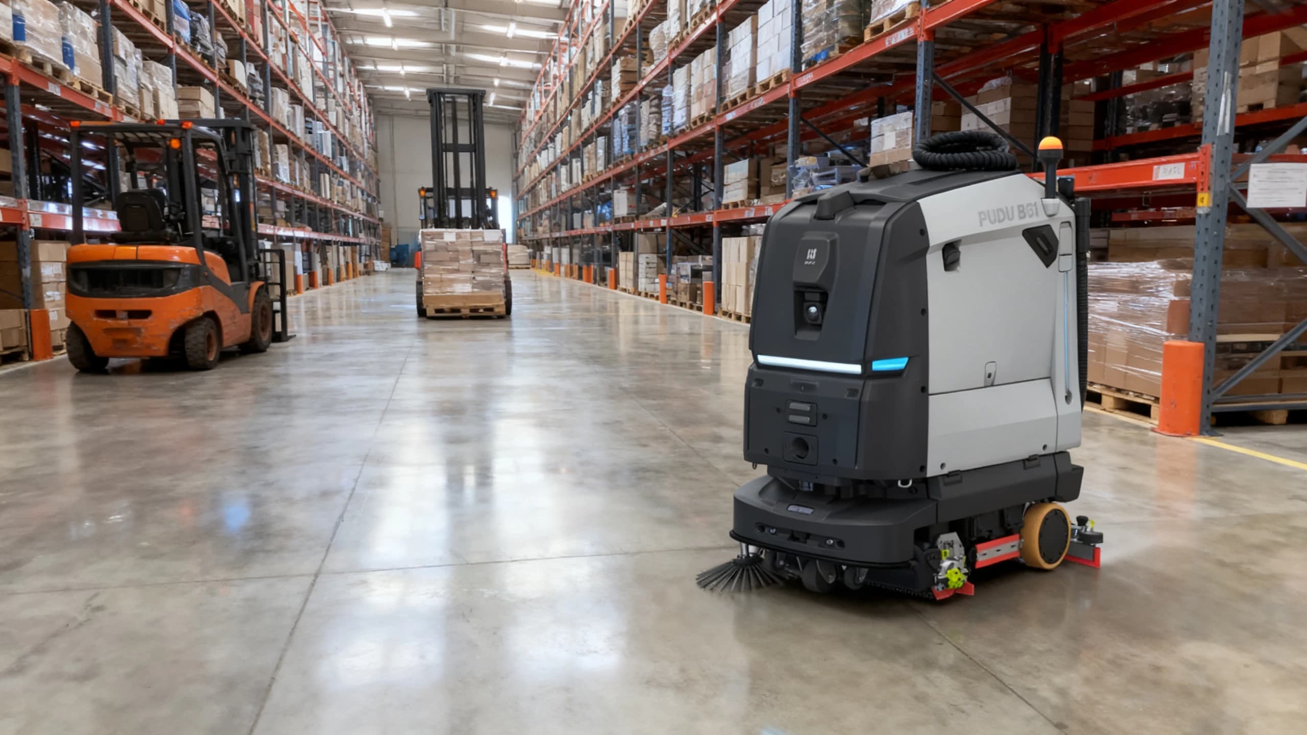 A floor-scrubbing robot working a distribution warehouse aisle
