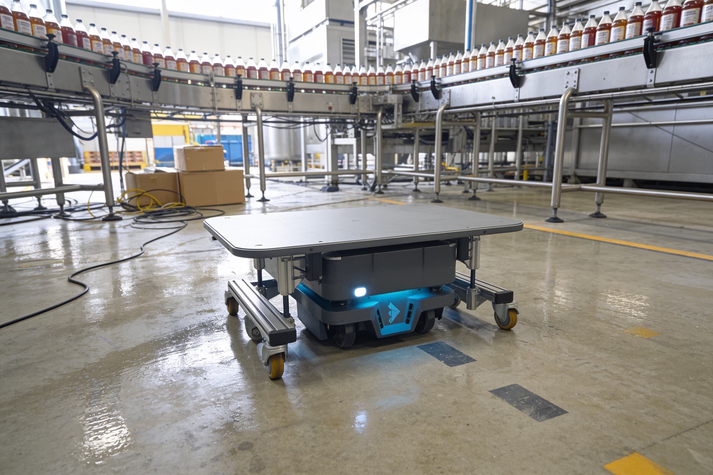 An autonomous mobile robot crossing a food and beverage plant floor