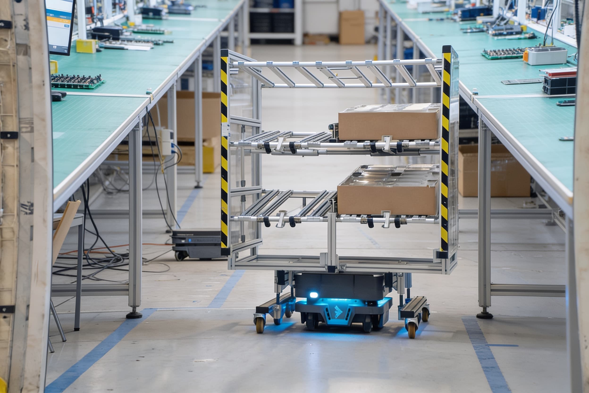 An autonomous mobile robot moving a kitting cart on an electronics assembly floor