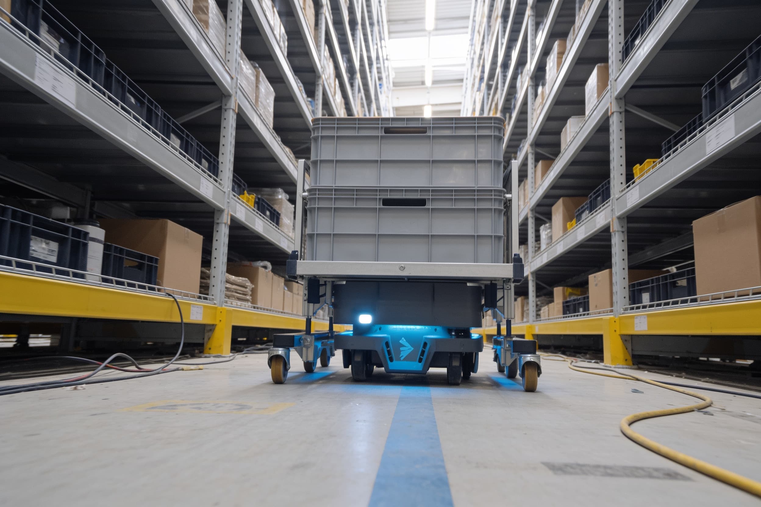 An autonomous mobile robot moving a tote cart down a fulfillment pick aisle