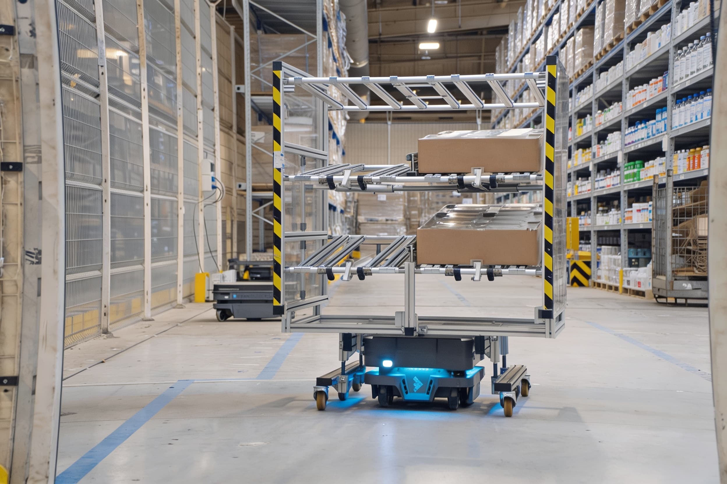 An autonomous mobile robot transporting a cart down a pharmaceutical warehouse corridor