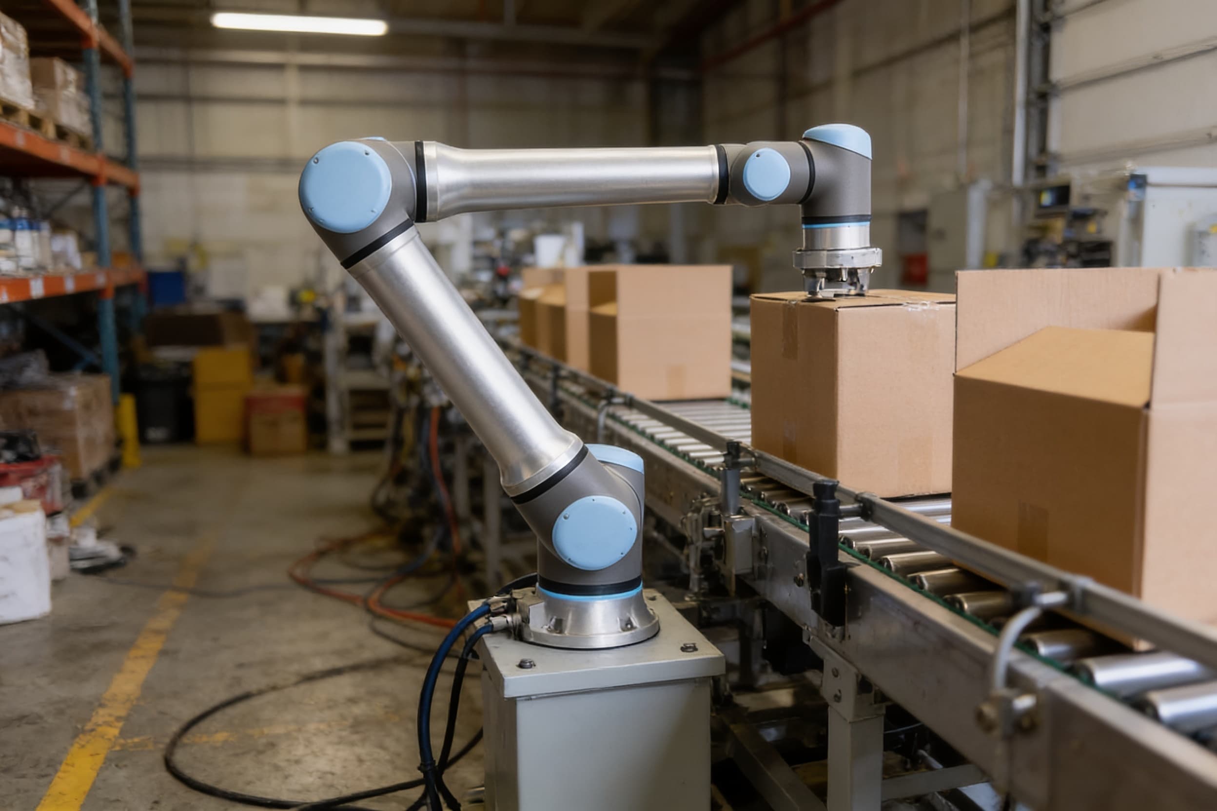 A collaborative robot arm packing cases at the end of a line