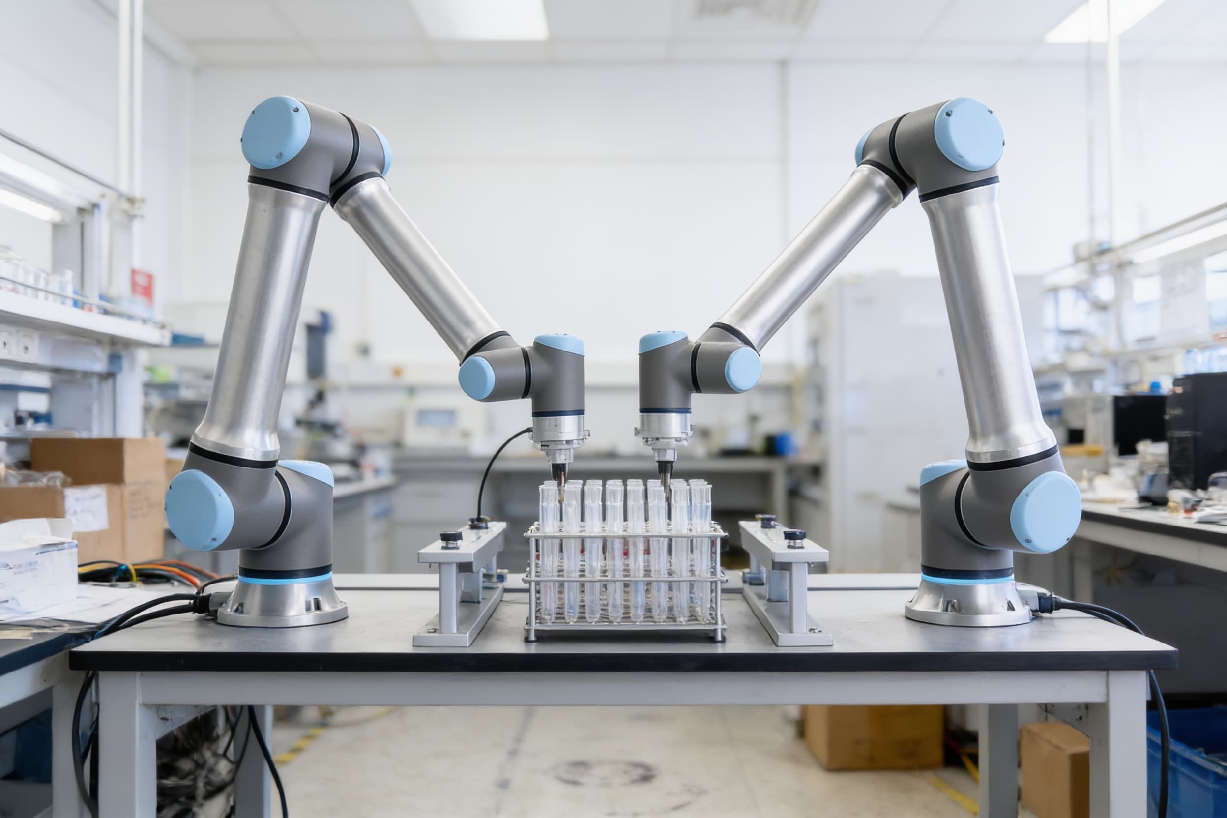 A collaborative robot arm moving a sample rack in a testing lab