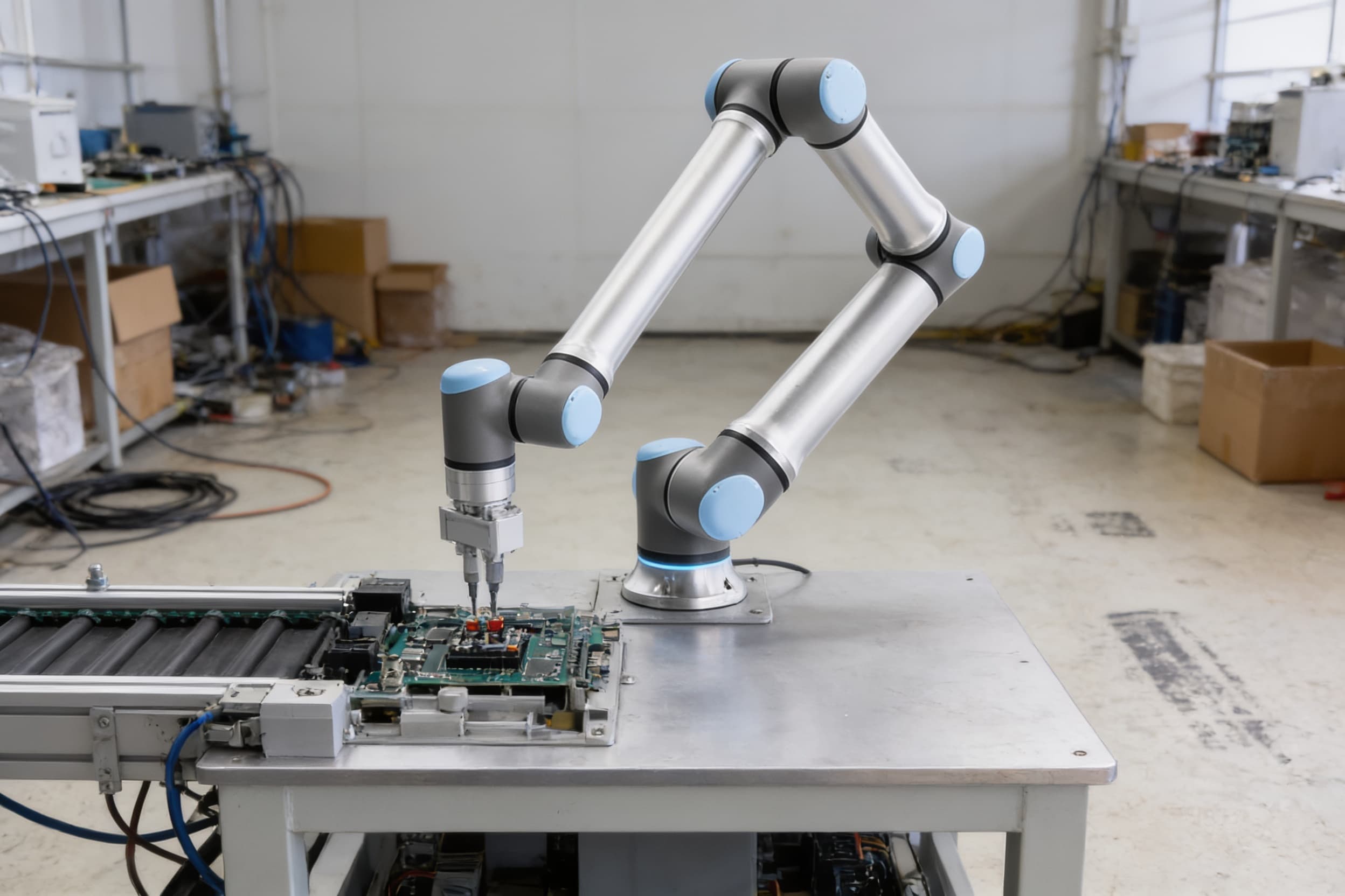 A collaborative robot arm doing pick-and-place on an electronics assembly line