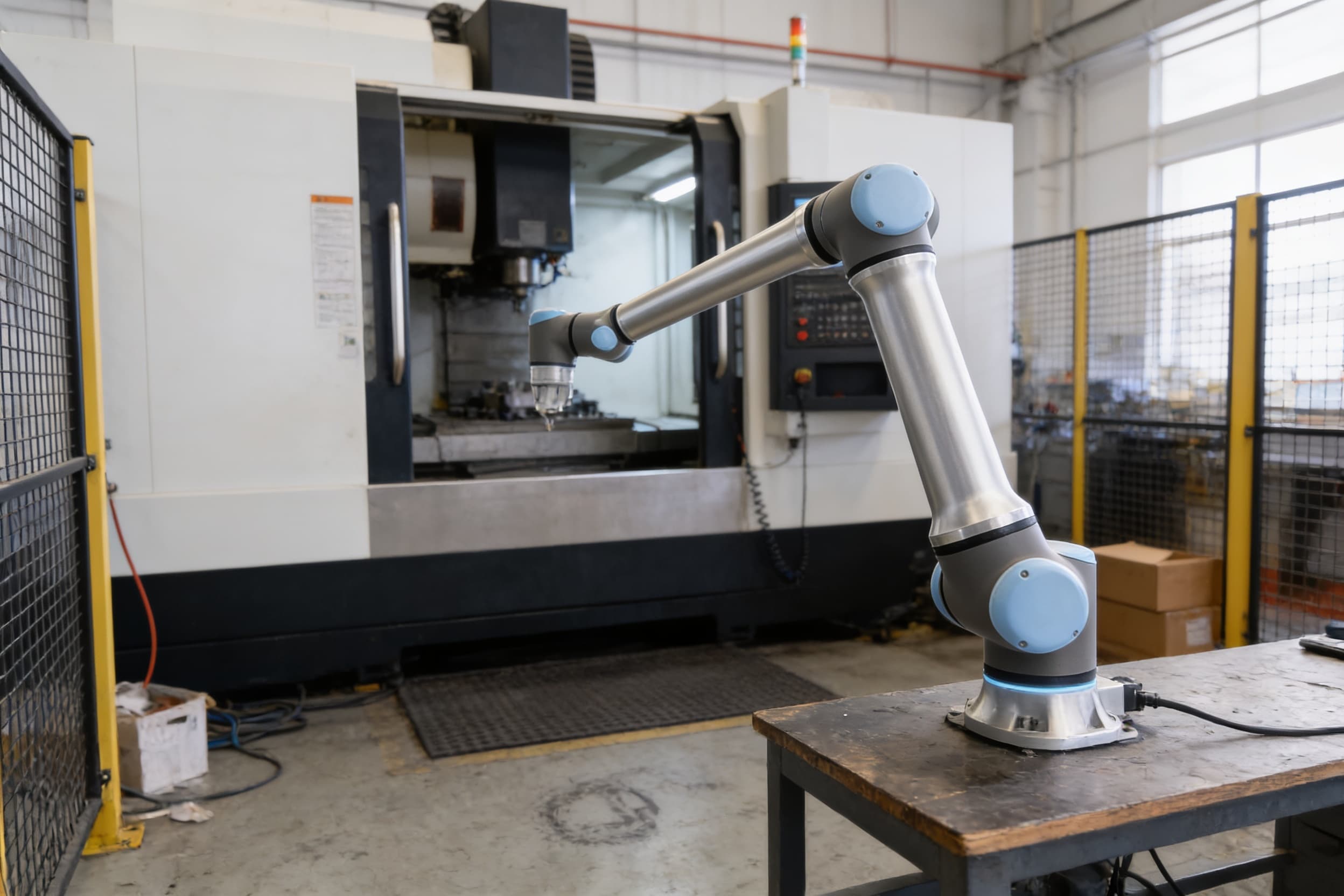 A six-axis collaborative robot arm tending a CNC machine on a shop floor