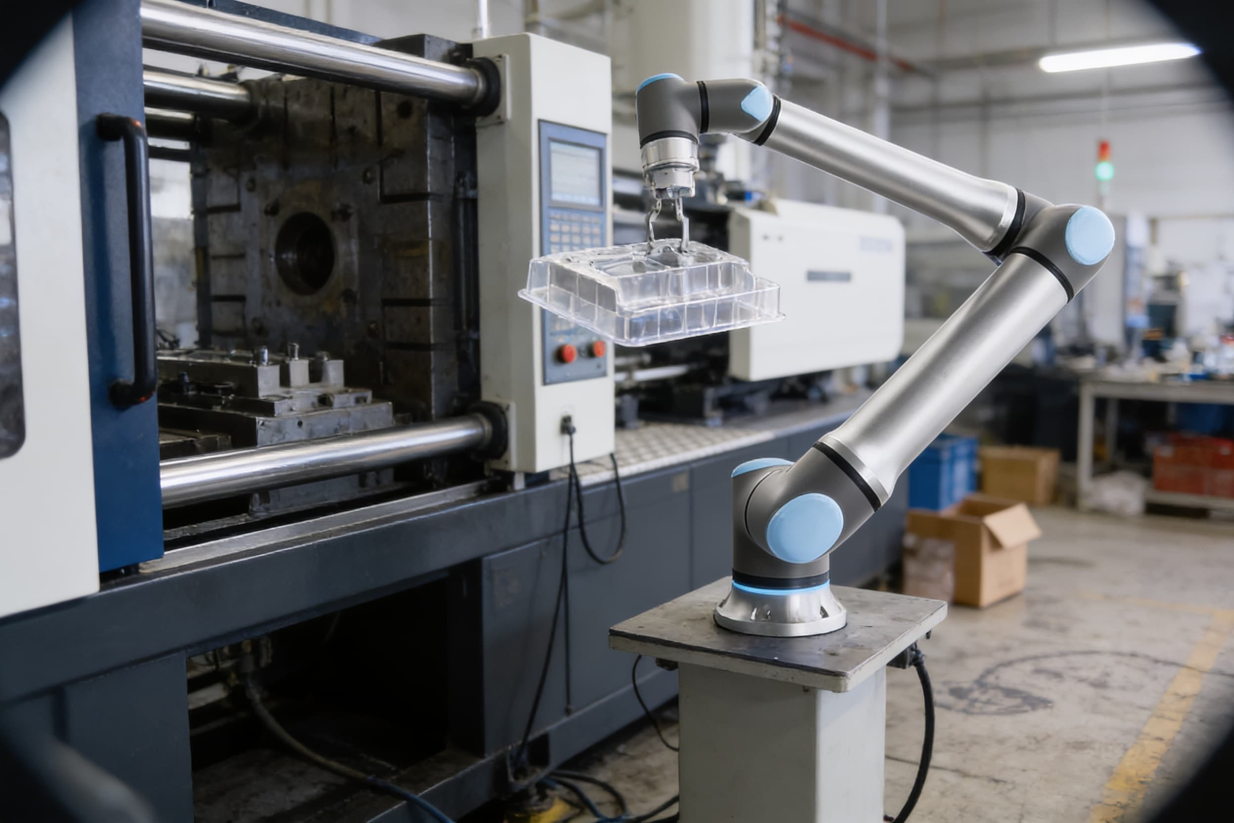 A collaborative robot arm unloading parts from an injection-molding machine