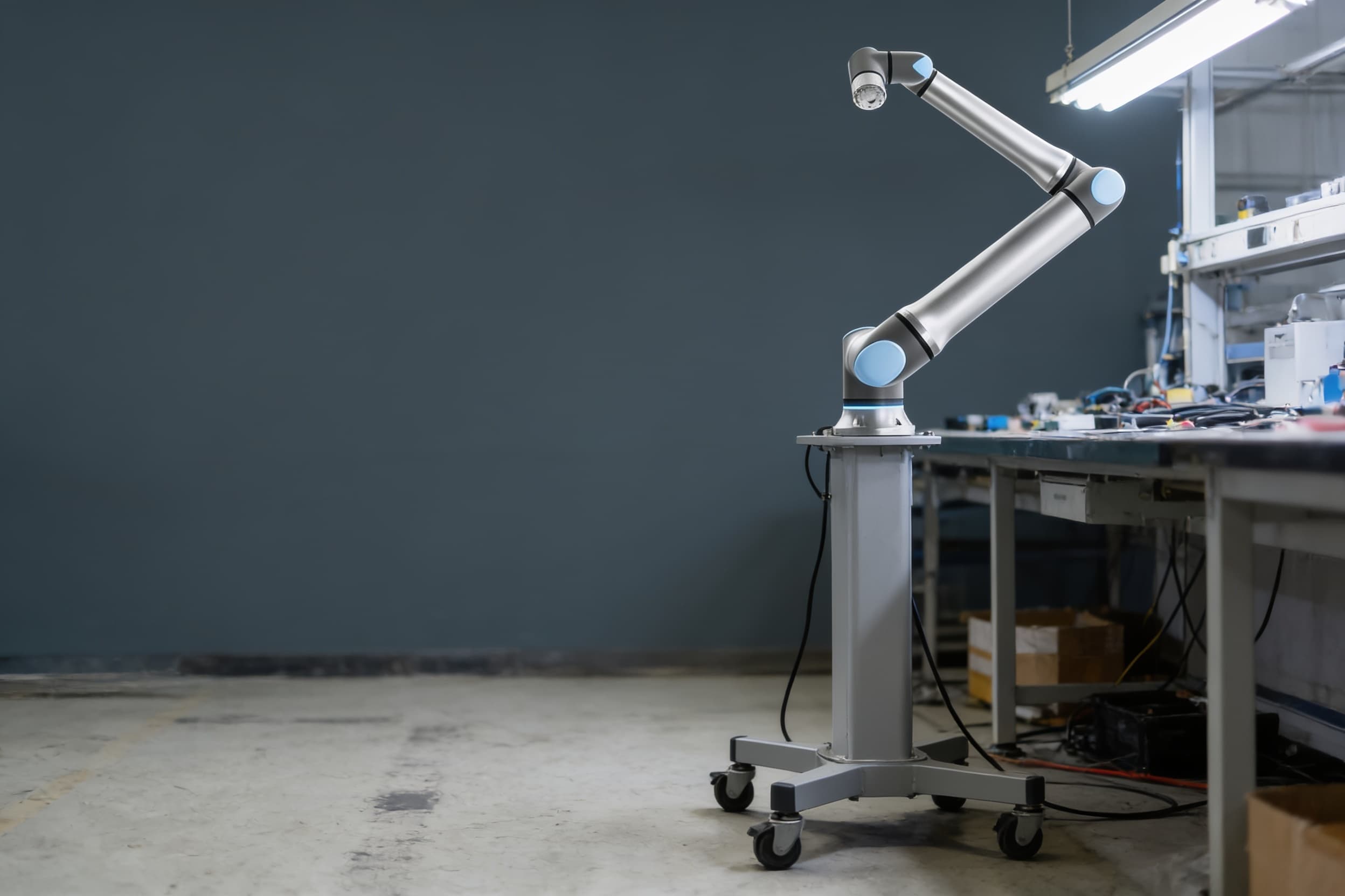 A collaborative robot arm screwdriving at an assembly workstation