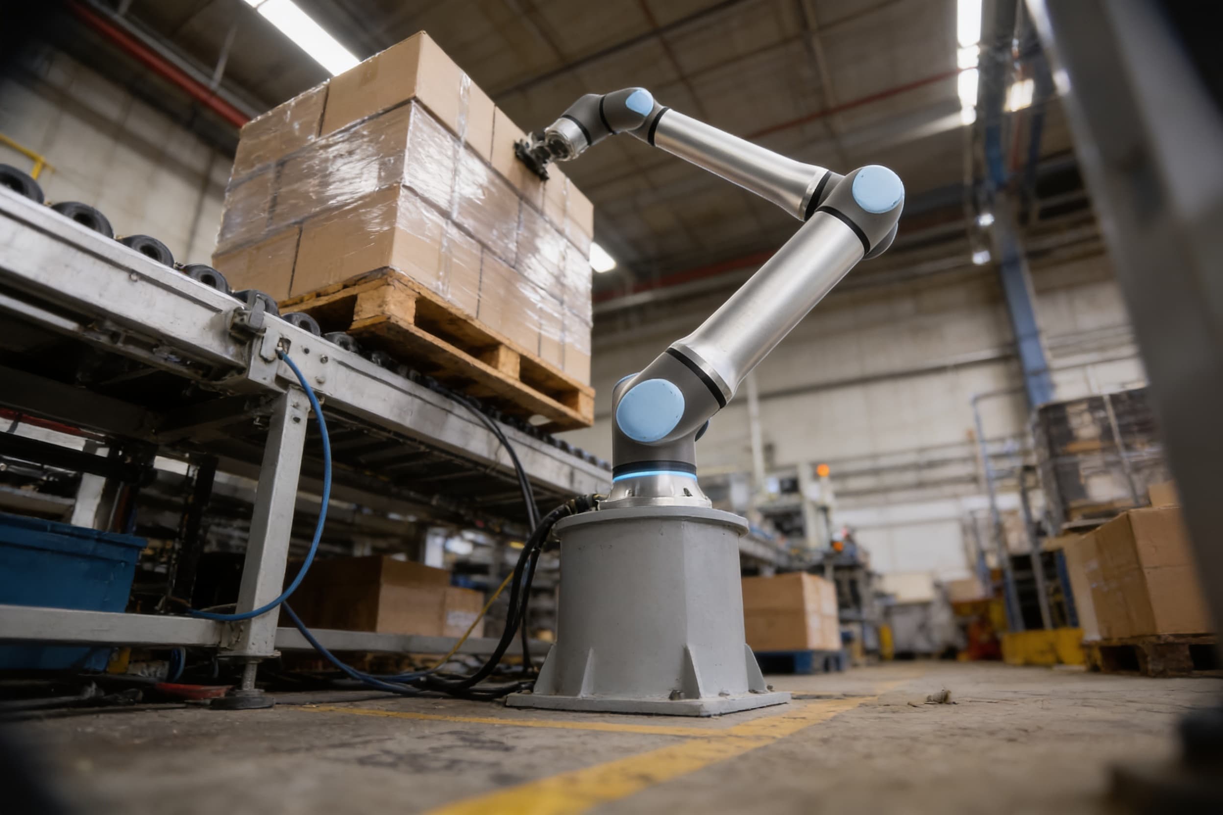 A collaborative robot arm palletizing boxes at the end of a packaging line