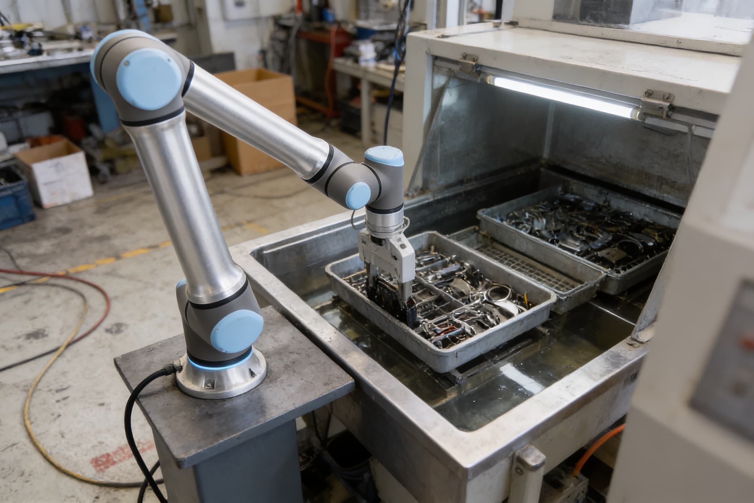 A collaborative robot arm loading trays into a parts washer