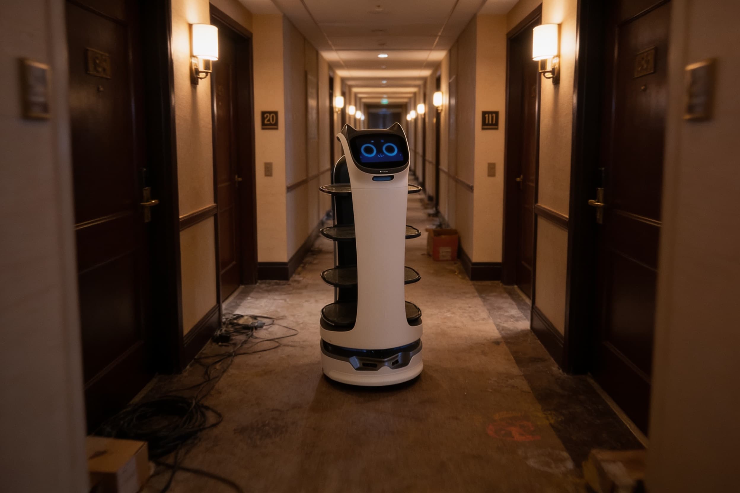 A serving robot carrying trays down a hotel guest-room corridor