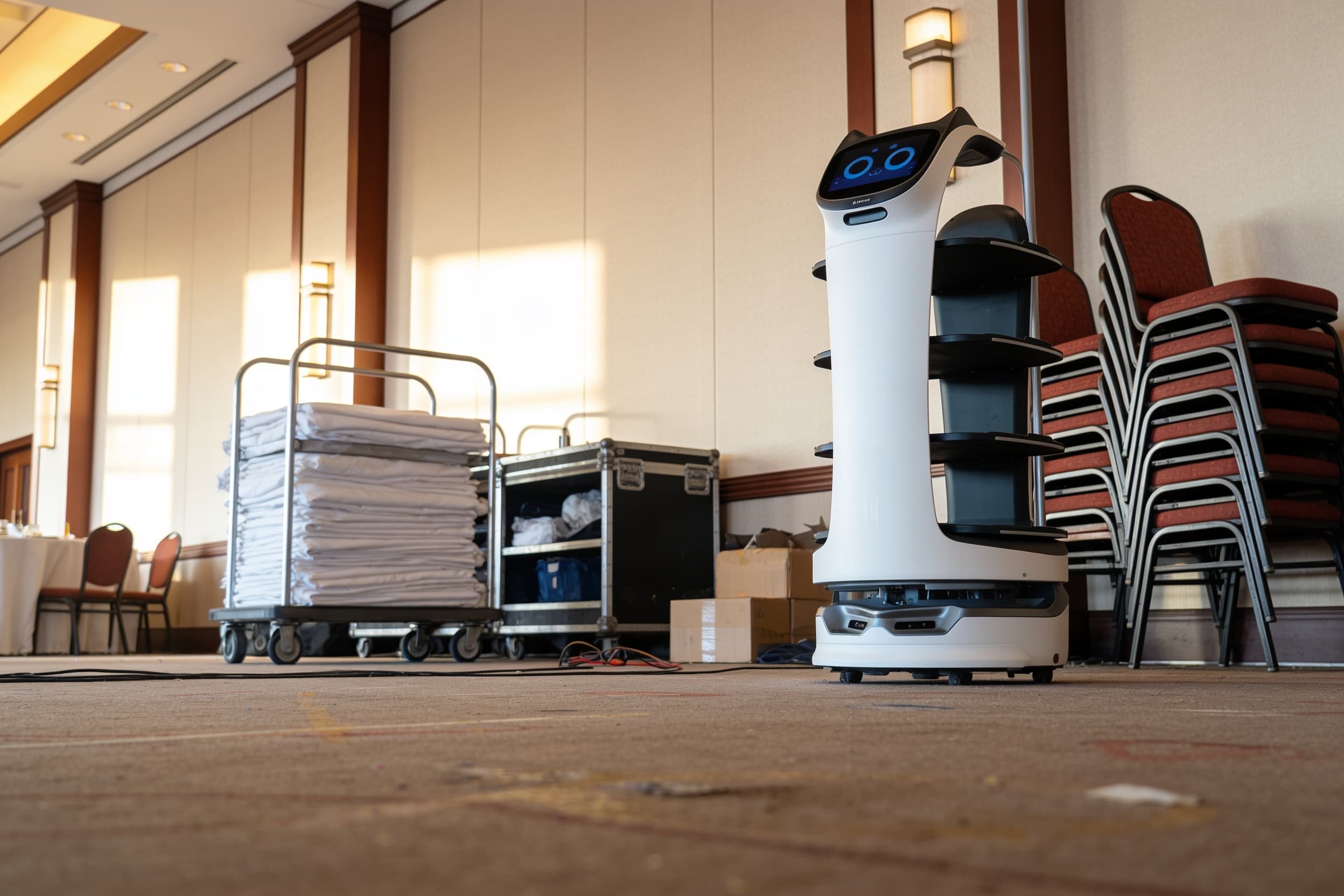 A serving robot crossing a hotel banquet pre-function area during setup