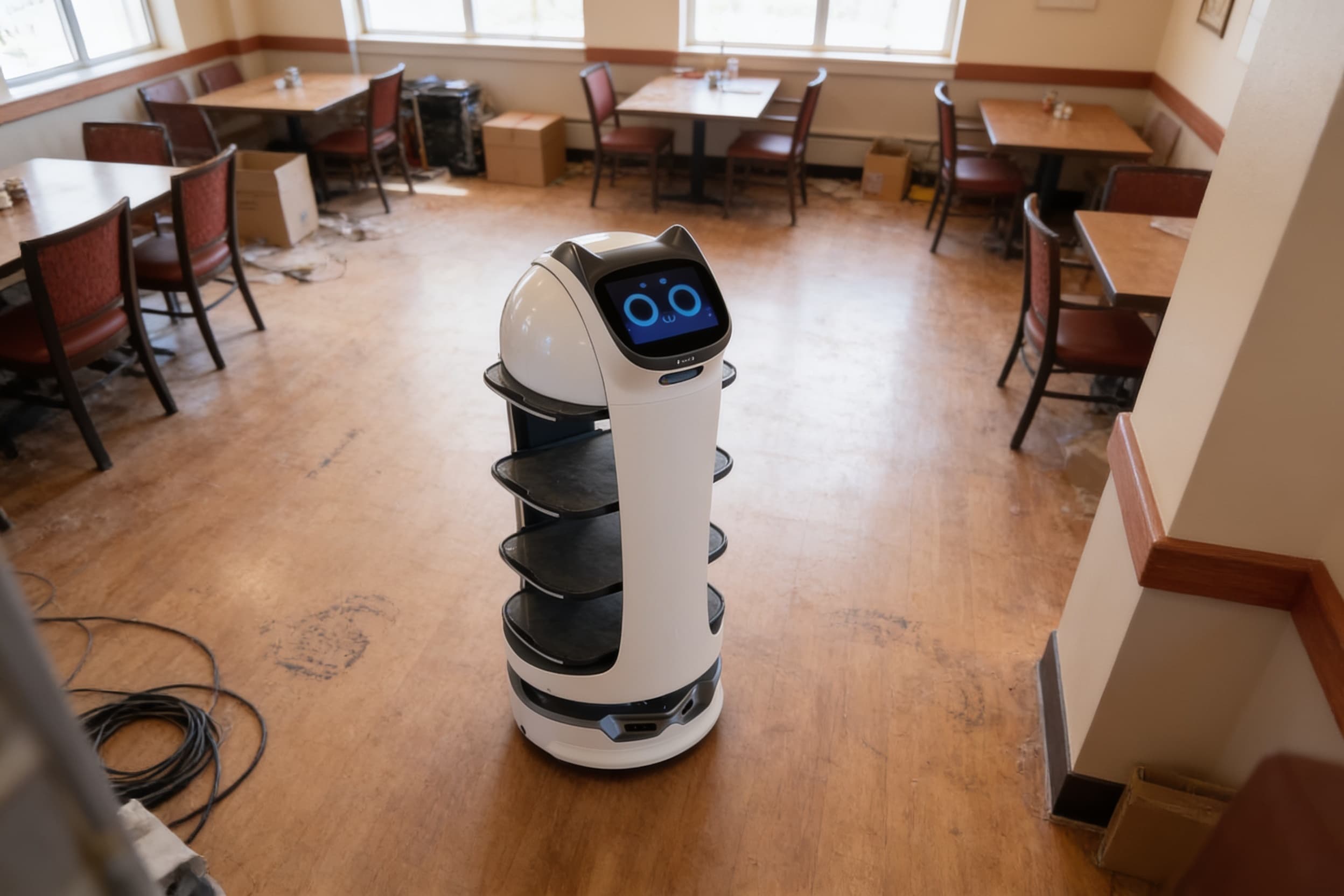 A serving robot delivering meal trays in a senior-living dining hall