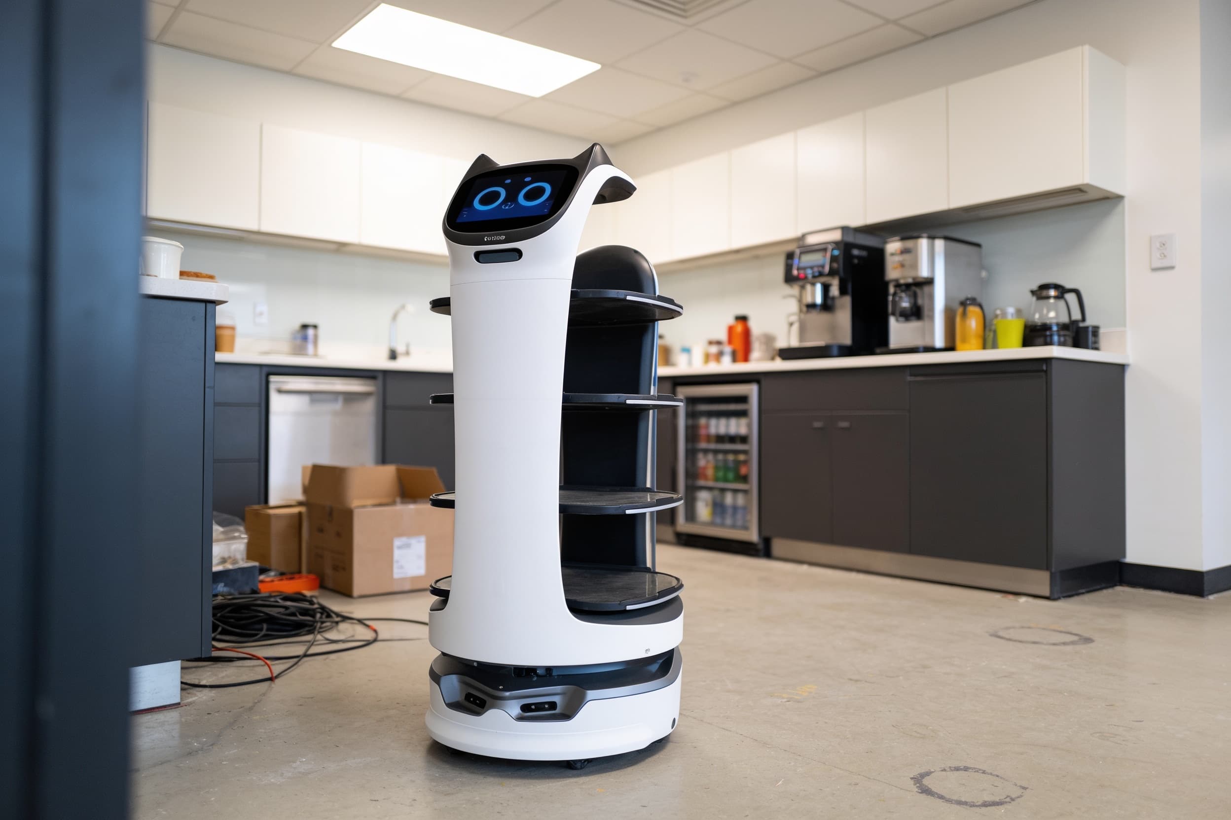 A serving robot moving bins through a corporate office pantry