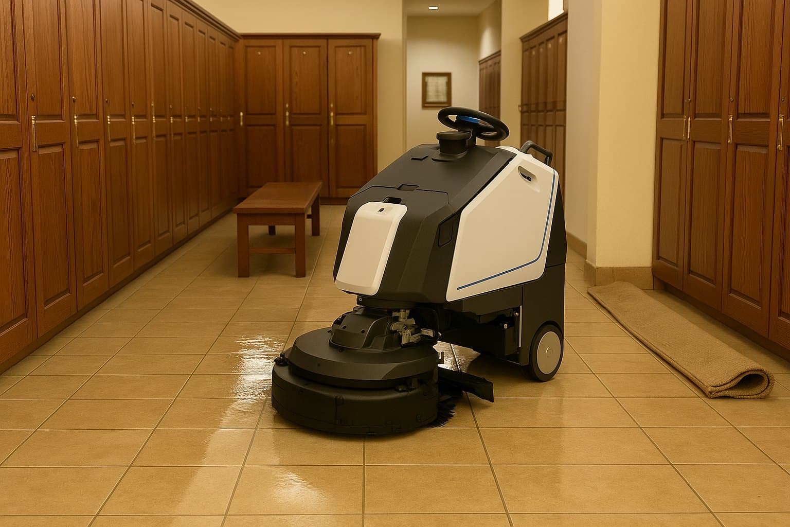 A floor-scrubbing robot cleaning a clubhouse locker room hallway